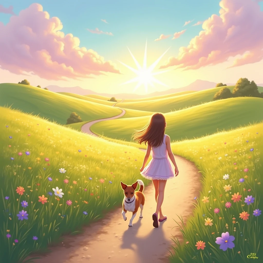 A bright picturesque landscape, made in wide and soft strokes, conveying an atmosphere of calm and comfort. An endless blooming field with gentle shades of green, golden and lavender shades. The waves of grass and wild flowers sway slightly in the gentle breeze. On the horizon, you can see soft hills of, going into the distance, and the sky is filled with warm ones with shades of the setting sun — pink, orange and purple.
Somewhere in the distance, along a winding dusty path, you can see a slender girl about , dressed in a light dress, that develop beautifully in the wind. She walks slowly, enjoying nature . A small energetic Jack Russell Terrier rides merrily next to her, as if catching invisible odors in the air. Their silhouettes look almost like part of the landscape, , giving the whole picture a sense of depth and endless space