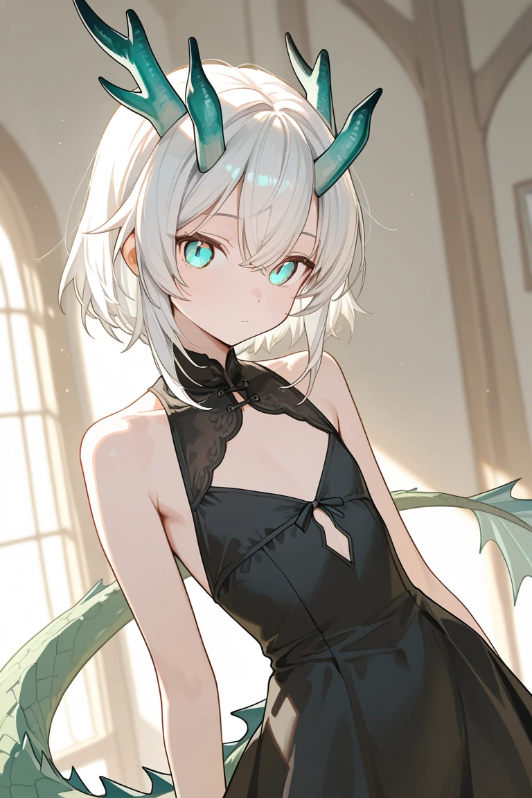 masterpiece, best quality, absurdres, perfect anatomy, standing, 1girl, solo, arm tattoo, bare shoulders, sleeveless, dress, dragon girl, dragon horns, jewelry, tail