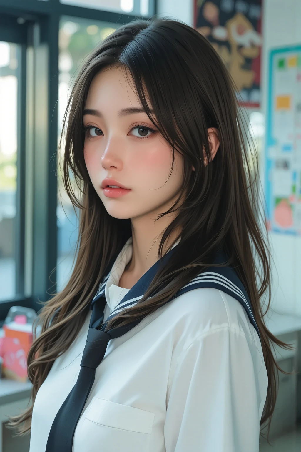 The mysterious transfer student, (Full body composition, from above), Mature female body, Alone, (She is wearing a school boy uniform:1.6, Boys' school uniform:1.2, School uniform:1.3), (?I have one:1.5)