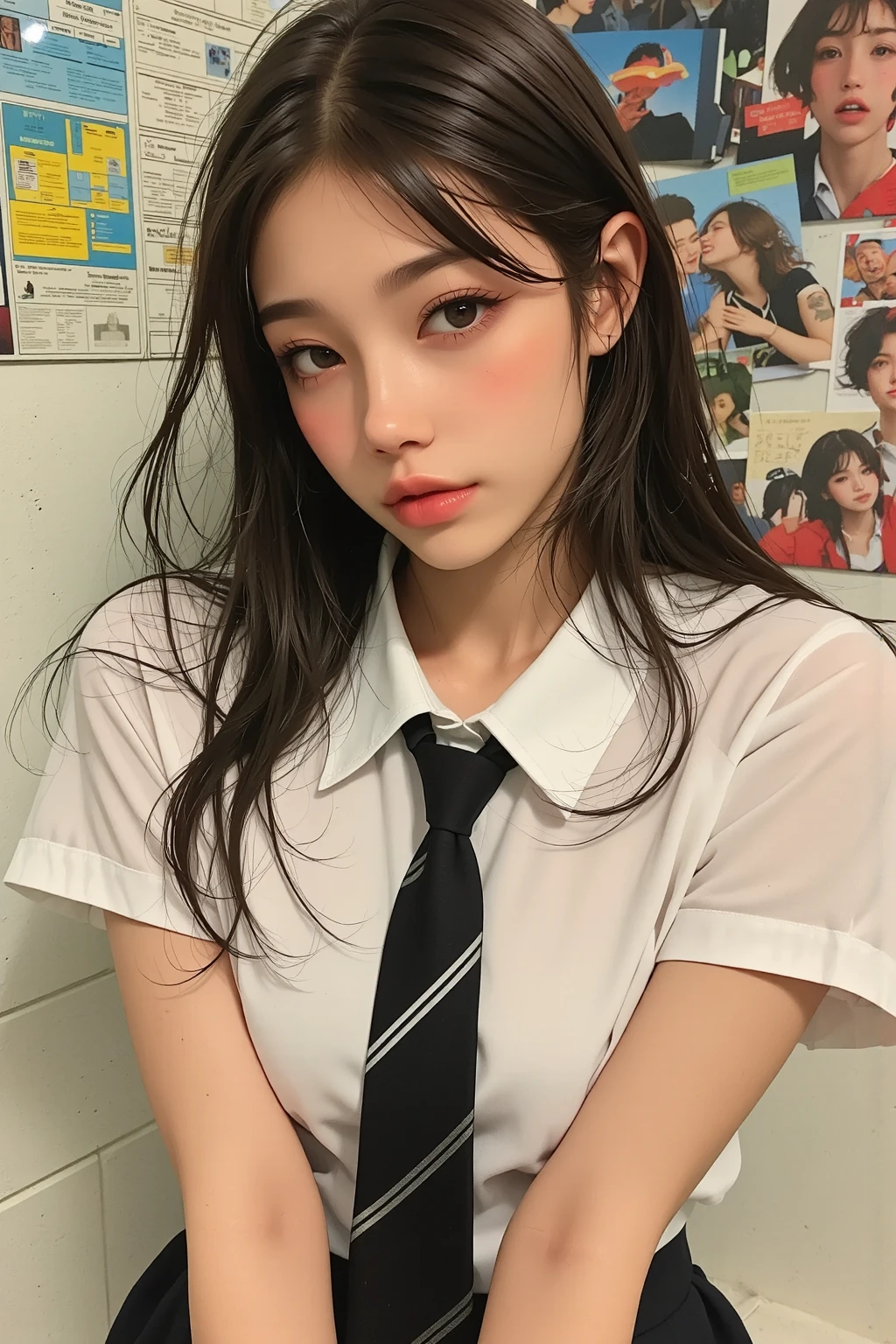 The mysterious transfer student, (Full body composition, from above), Mature female body, Alone, (She is wearing a school boy uniform:1.6, Boys' school uniform:1.2, School uniform:1.3), (?I have one:1.5)