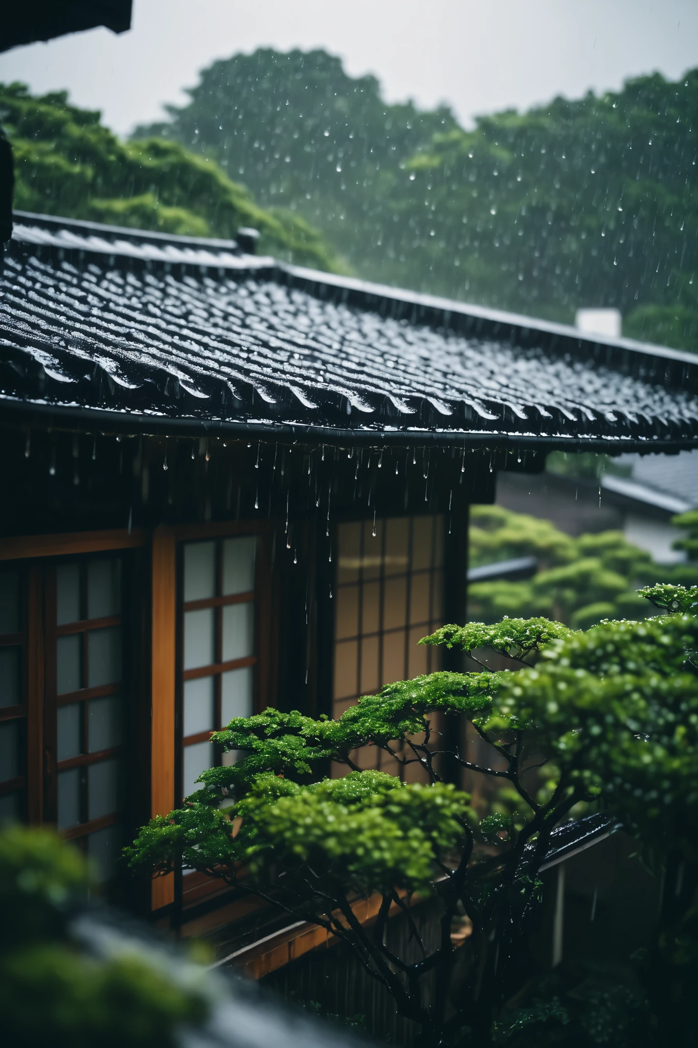 scenery, cinematic photography of rooftop of a Japanese house in heavy rain taking from inside a house, ((close-up shot, low angle)), (raindrop focus), garden in background, bokeh, photo take by film camera, dramatic lighting, soft focus, (depth of field), intricate detail