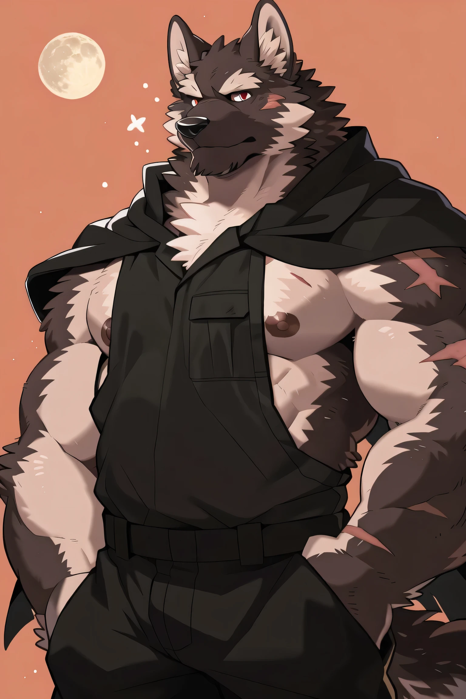 wolf face, solo, (Completely naked:1.5), German Shepherd, (Black cape), Functional military pants, red eyes:1.4, (Full moon background), (artist:Takemoto Arashi), twitchemote, Mature face, elder, Side of the character, Looking at the audience, Clear facial details, glint, nipple, Elderly, expressionless, scars on the body, (full body portrait), External borders , The head showed, Tonality, Standing picture, high detail
