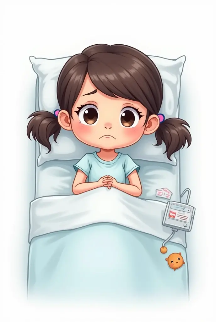 a -year femachild admito the hospital bed, leave the image with a white background, and make it into a cartoon