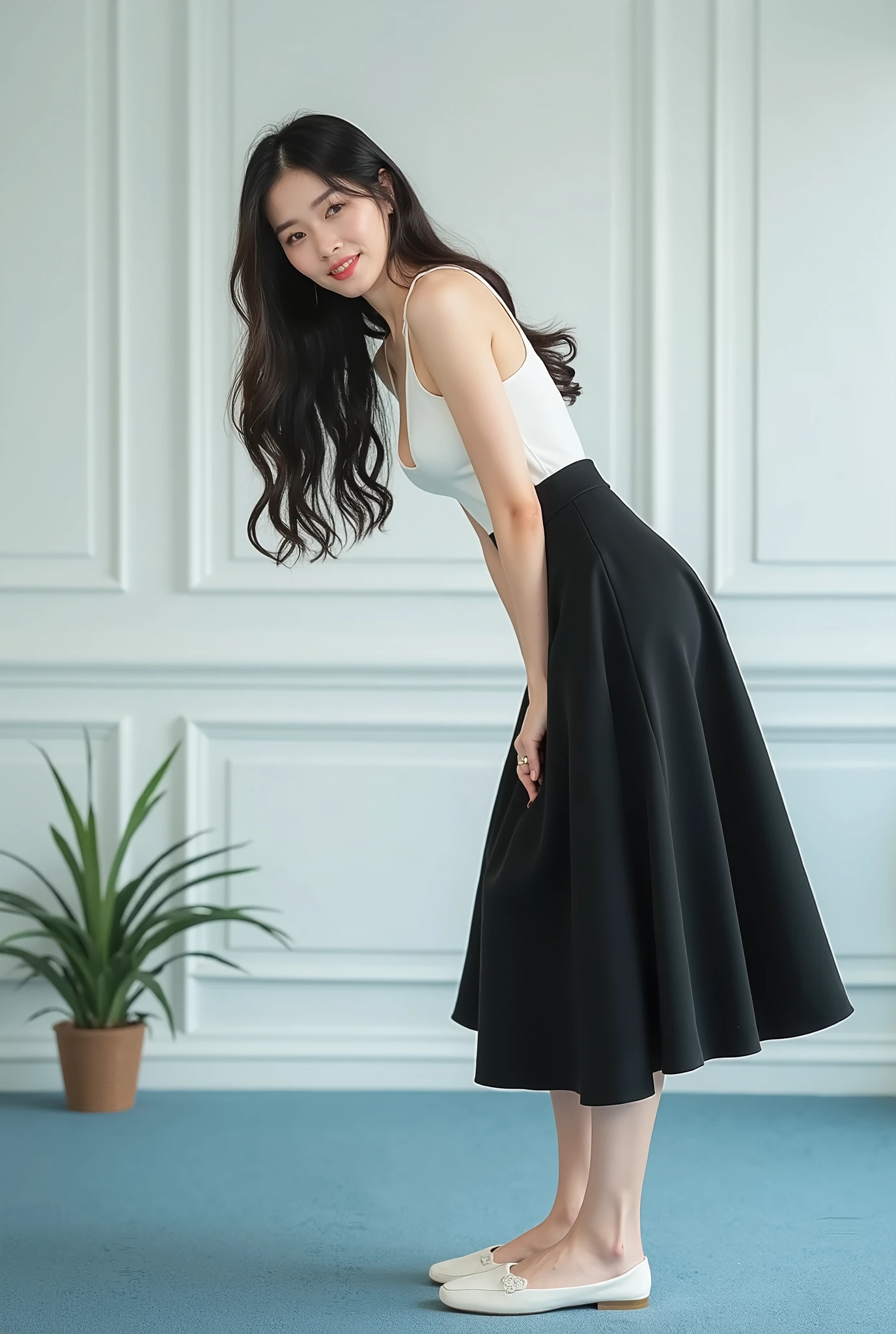 ( Super Detailed ) best quality:Full-body portrait of a 25-year-old woman 在、 Exquisite beautiful face, deep eyes, A beautiful lady, Asian, Japanese, Long hair, smile, Low height, standing in front of a white wall in a new office, Hug yourself, light blue carpet, Wearing a black suede fabric big a-line full circle long flare skirt knee length, long skirt was covered the legs, Wearing white camisole, Wearing white flat shoes, Whole body photo, photo, relaxed pose, front camera shot, well-lighted, studio lighted, High resolution, sharp photo, best quality, realistic, well-lighted, studio light, super real, Worm’s view angle
