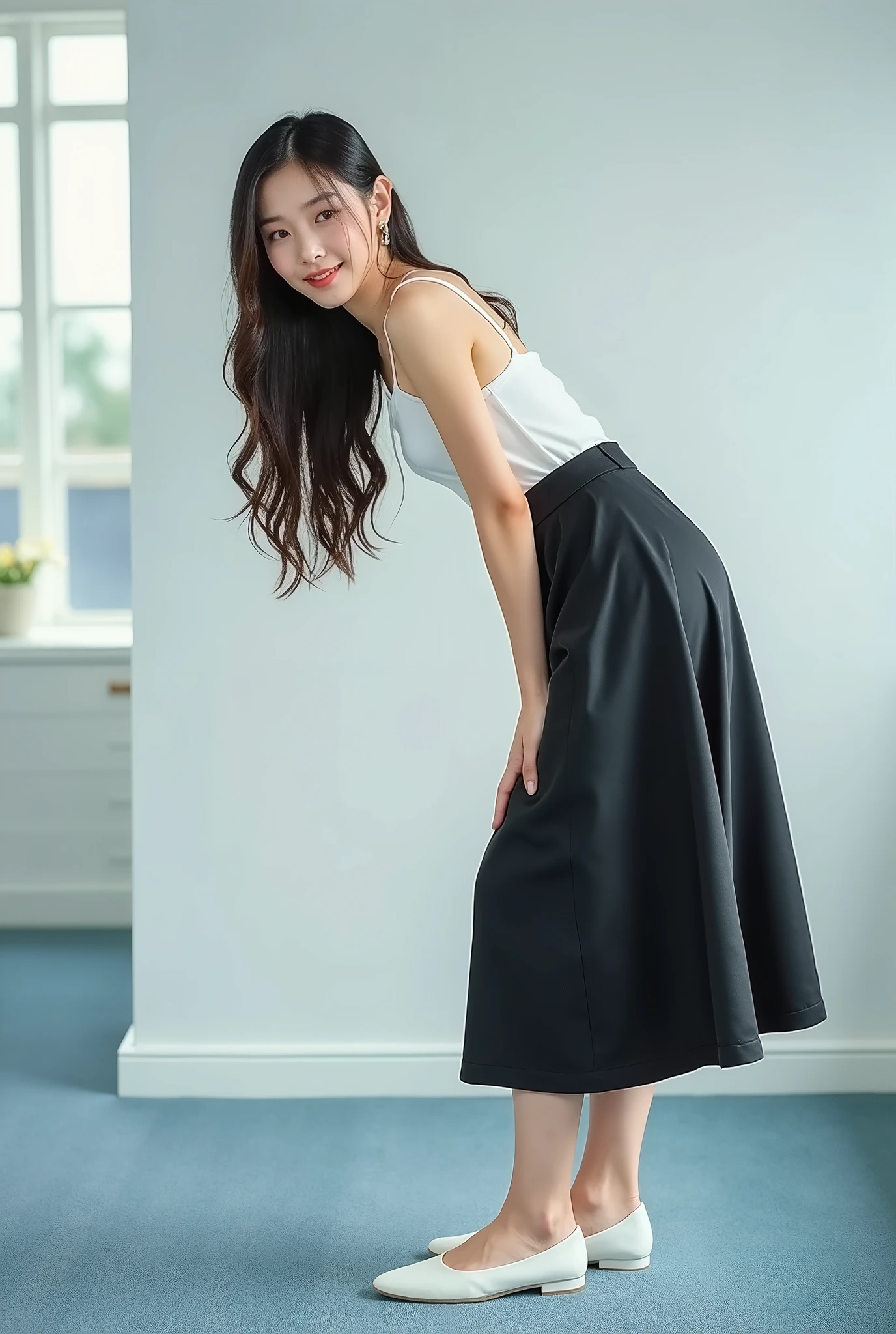 ( Super Detailed ) best quality:Full-body portrait of a 25-year-old woman 在、 Exquisite beautiful face, deep eyes, A beautiful lady, Asian, Japanese, Long hair, smile, Low height, standing in front of a white wall in a new office, Hug yourself, light blue carpet, Wearing a black suede fabric big a-line full circle long flare skirt knee length, long skirt was covered the legs, Wearing white camisole, Wearing white flat shoes, Whole body photo, photo, relaxed pose, front camera shot, well-lighted, studio lighted, High resolution, sharp photo, best quality, realistic, well-lighted, studio light, super real, Worm’s view angle