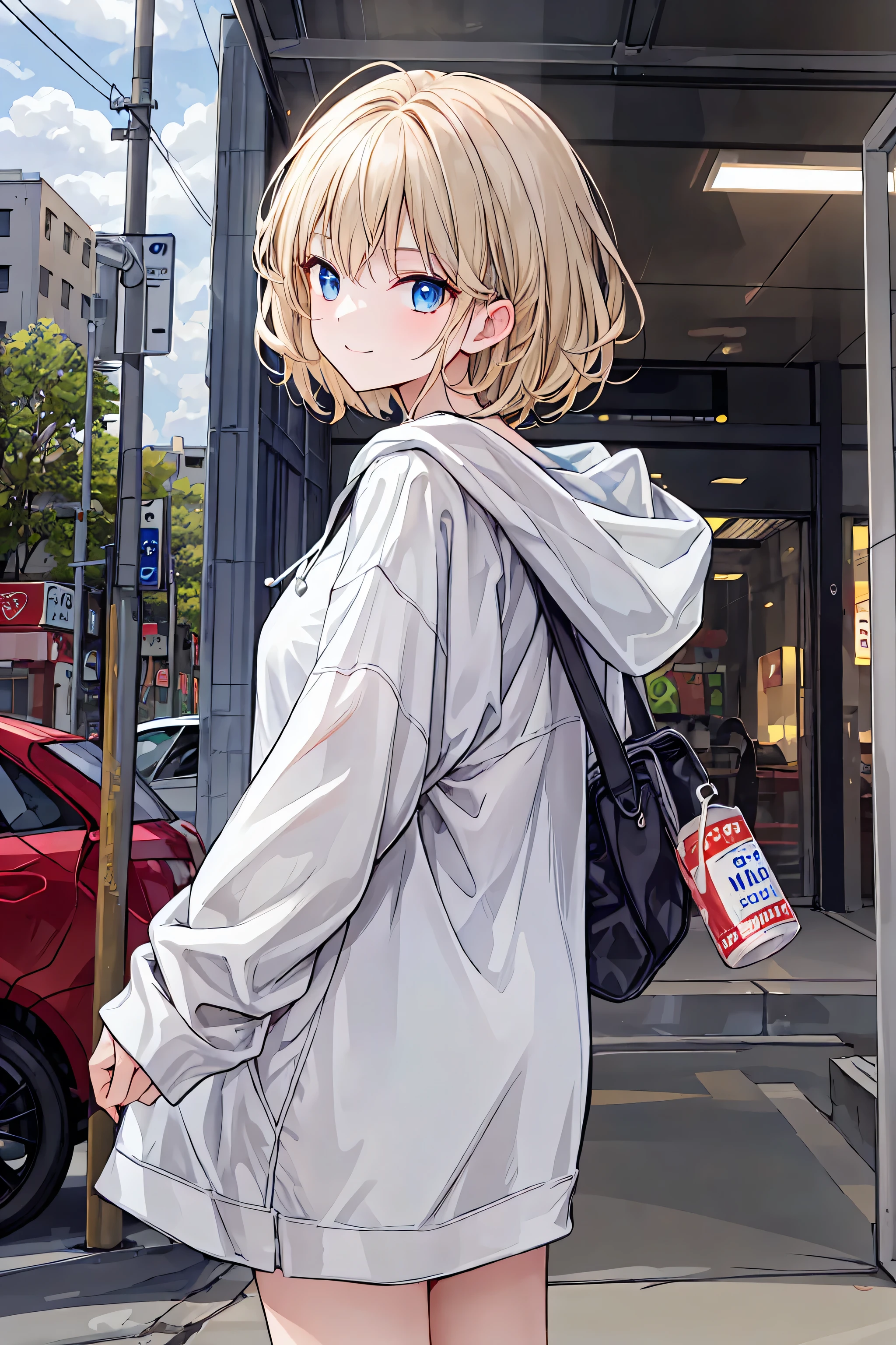 1 person, medium range shot , THE MOST DETAILED GIRL , looking back from behind black, perfect body, woman, 20 years old, Long Messy White Hair , dry hair, shiny platinum blonde hair, floating hair, Giant wild hair , Smile, v-shaped eyebrows, Seductive Gray-Blue Eyes Shine Like Stars, medium chest , bright skin, oversized clothes, hoodie, realistic, 4K, Extreme detail, professional, Brilliant Color, Bokeh, warm light, Precise oil paint