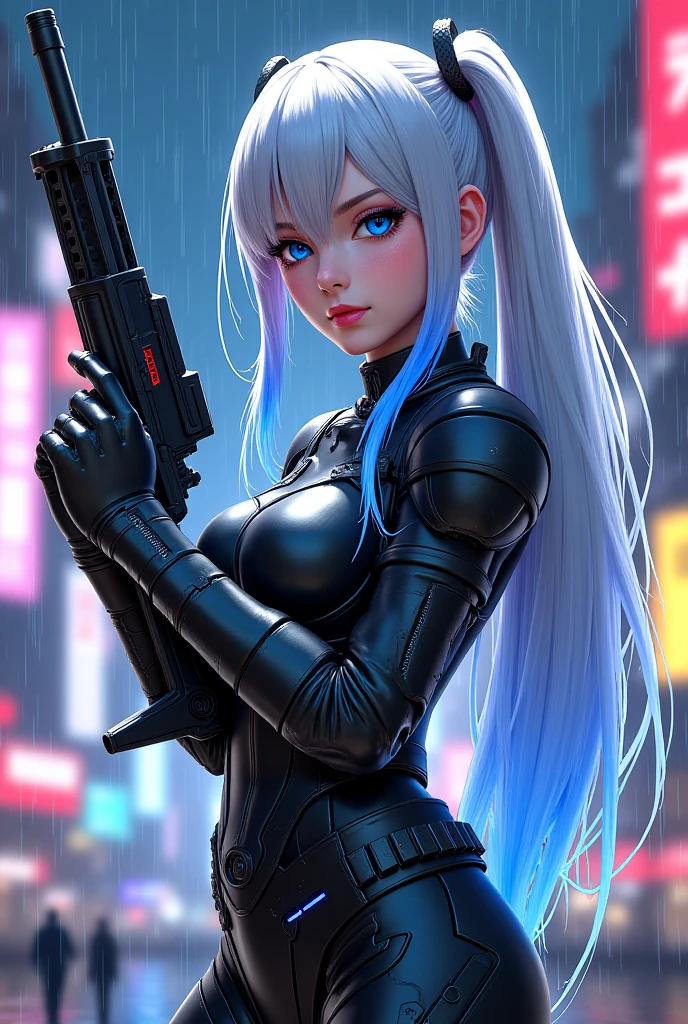 Woman in black and white costume with huge gun, Digital Cyberpunk Anime Art, best anime 4k konachan wallpaper, badass anime 8 K, Trending on ArtStation pixiv, Cyberpunk anime girl mecha, digital cyberpunk - anime art, from arknights, 动漫赛博朋克艺术, Cyberpunk Anime Girl, anime style 4 k, anime girl of the future