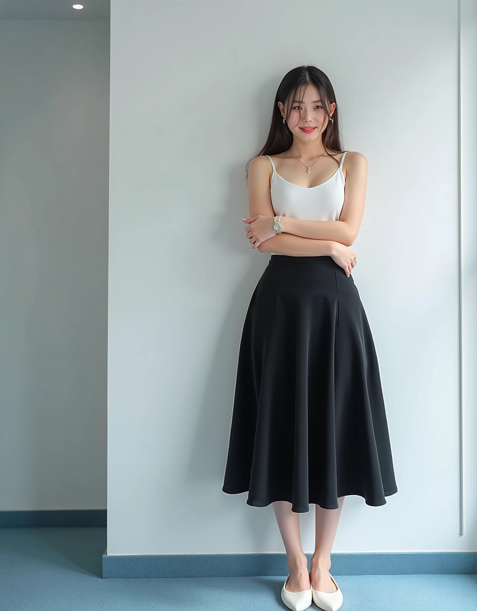 ( Super Detailed ) best quality:Full-body portrait of a 25-year-old woman 在、 Exquisite beautiful face, deep eyes, A beautiful lady, Asian, Japanese, Long hair, smile, Low height, standing in front of a white wall in a new office, Hug yourself, light blue carpet, Wearing a black suede fabric big a-line full circle long flare skirt knee length, long skirt was covered the legs, Wearing white camisole, Wearing white flat shoes, Whole body photo, photo, relaxed pose, front camera shot, well-lighted, studio lighted, High resolution, sharp photo, best quality, realistic, well-lighted, studio light, super real, Worm’s view angle