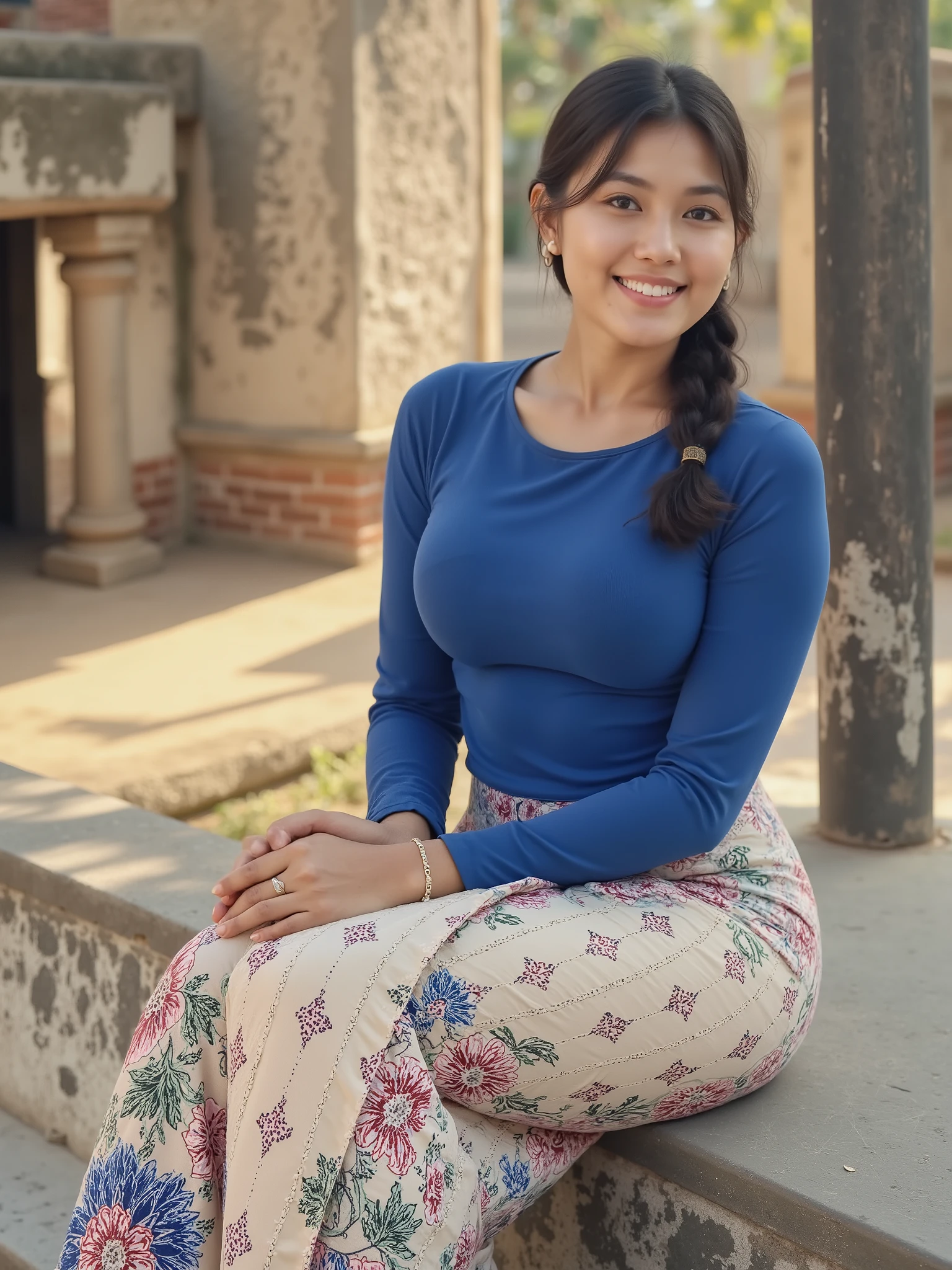 A hyper-realistic portrait of a young Southeast Asian woman sitting outdoors in a historic temple courtyard, dressed in a form-fitting blue top and a beautifully detailed longyi with intricate floral embroidery. Her dark hair is elegantly braided to the side, and she wears subtle yet elegant jewelry. The sunlight creates a warm, dreamy ambiance, illuminating her face with a soft natural glow. The ancient stone pillars and weathered brick walls in the background provide a sense of history and culture. The shallow depth of field emphasizes her presence while retaining the intricate details of her traditional attire. Photographed with a Nikon Z9, 50mm f/1.4 lens, cinematic composition, ultra-realistic lighting, soft bokeh effect, big breasts, round breasts, small waist, wide hips, big hips, round ass, beautiful Thai girl face, curvy body, belly fat, wearing a royal blue, long-sleeved fitted blouse with a modest round neckline. The blouse has subtle button detailing along one side near the shoulder, adding an element of sophistication. She pairs it with a traditional Burmese longyi, a silk-like wrap skirt featuring an intricate floral pattern with red, blue, and green flowers on a cream-colored background. The fabric has a delicate sheen, catching the natural light beautifully, detailed top buttons, detailed longyi floral pattern design, fitting long sleeves top, hyper realistic skin, tight top, wear tight, open small spce between top and skirt, small belly skin open between top and skirt, belly have a little fat)