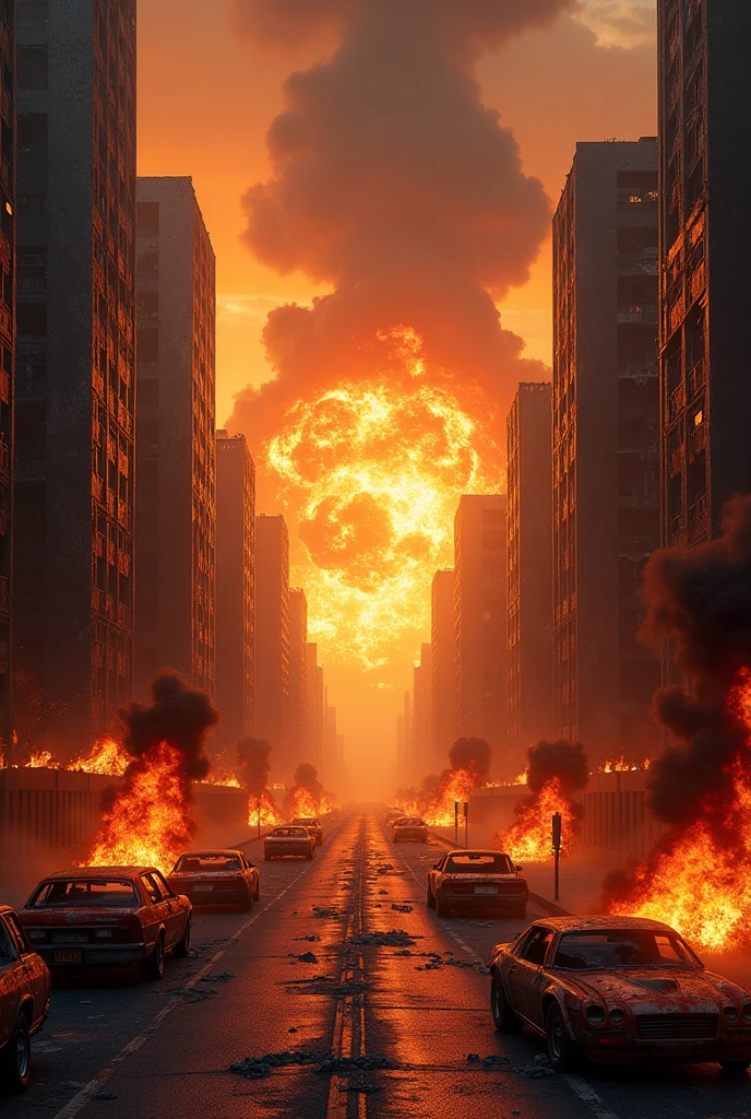 Create a street full of destroyed buildings, post-apocalyptic scenery, full of explosions, smoke, many particles, burning cars, rocks destroyed by the ground, dark sky, with cinematic light, 8K resolution, ultra realistic, slender texture, Cinematic, PS5