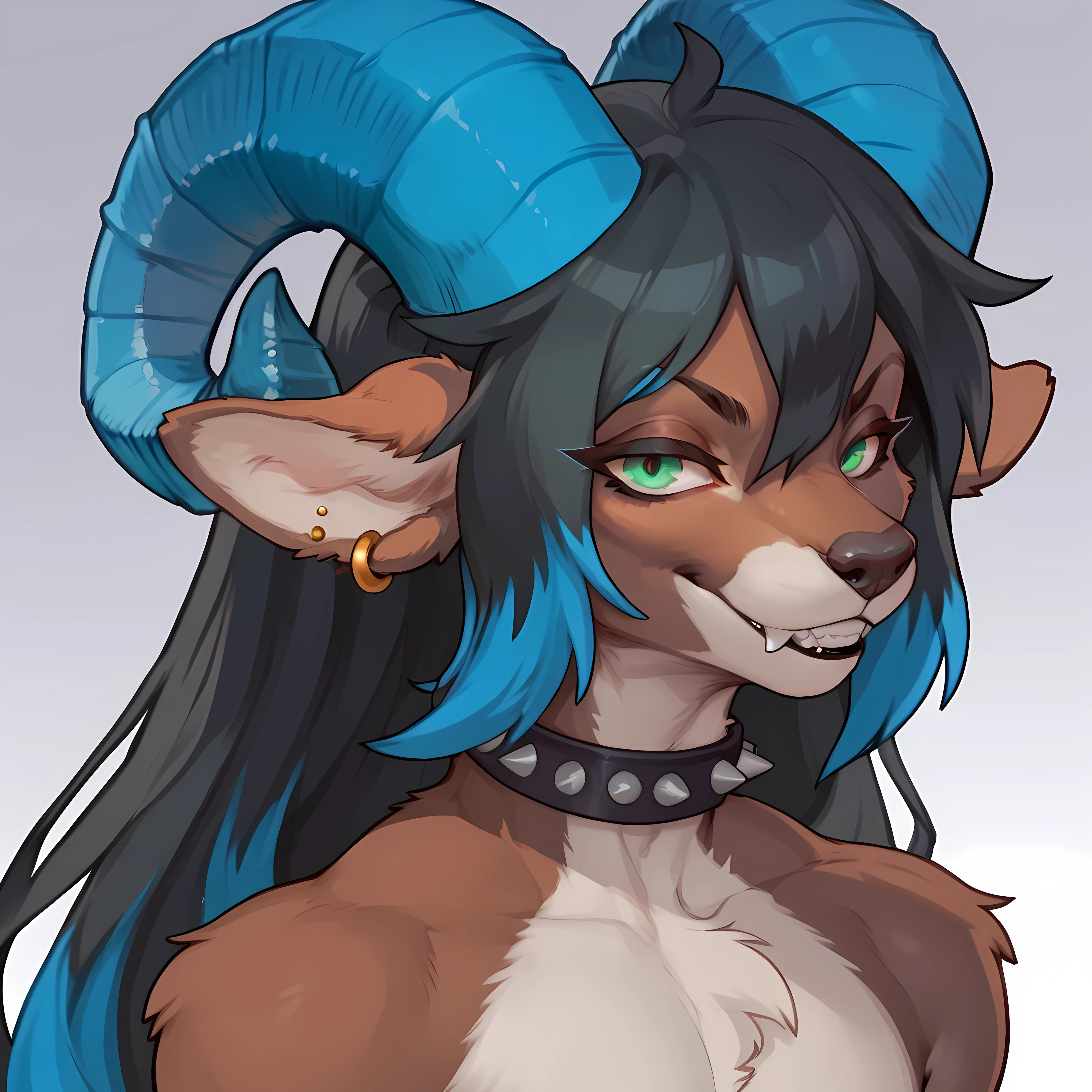 score_9, score_7_up, solo, (((blue curled horns))), grim expression, icon, furry icon, feminine, furry, eyes outlined, neck tuft, chest tuft, flat chest, thick thigh, green eyes, ((long hair, long black hair with blue tips on hair, black hair with blue highlights in hair)), ear piercing, simple background, ((brown fur, two tone body)), black spiked choker, face only, looking at viewer, focus on face, ((focus on the face)), grim smile, showing teeth, canine teeth