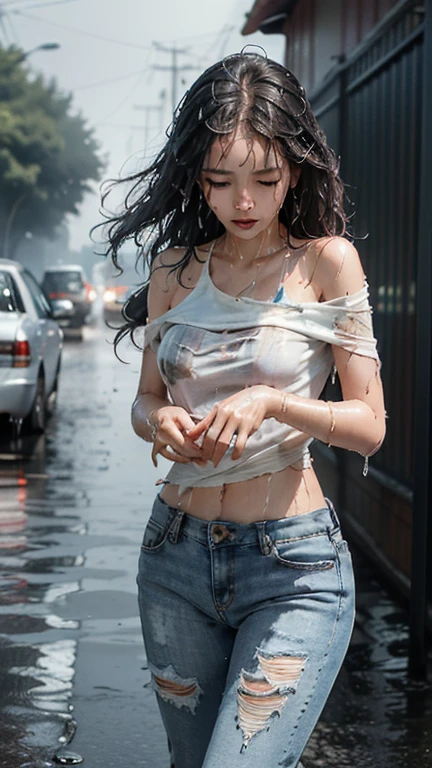 Best image quality, masterpiece, ultra high resolution, (fidelity:1.4), photo, 1 girl, standing，curvy，White shirt, ripped jeans, white sneakers, dim, dark, despair, Pity, poor, , tears, teardrop, (torn clothes:1.5), (wet clothes:1.4), bare shoulders, True Rain, wet hair,..
