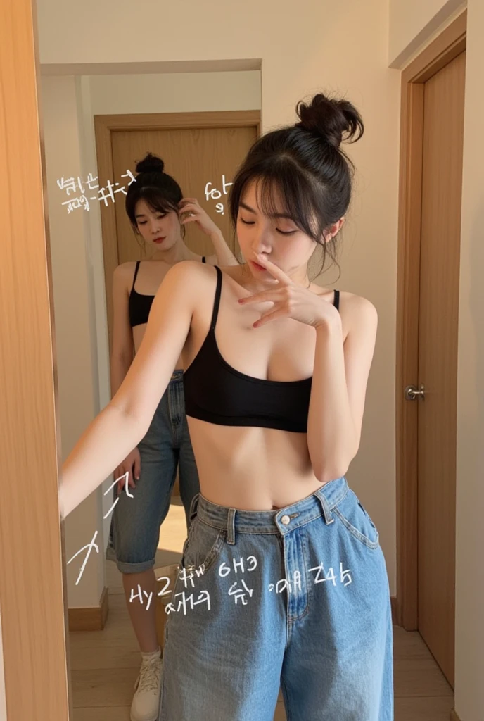 ((((masterpiece, best quality, high resolution)))), Extremely detailed 8K, Beautiful girl with voluptuous body, (Ultra HD, Ultra-detailed, Highly detailed, Highly realistic, Ultra-realistic, photograph realistic), (1girl:1.5), (Realistic hair), short wavy hair, bob cut, (dynamic poses), facing at camera, light smile, parted lips, sharp eyes, (perky breasts:1.2), (beautiful detailed face, beautiful detailed eyes), sweat, glow, (sunbeam, sunlight), (holding phone), perfect fingers