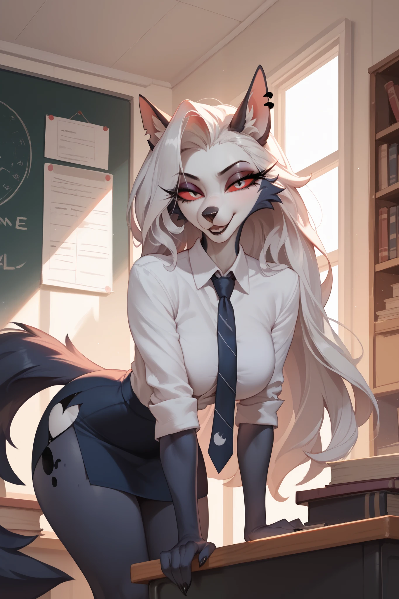 Schoolyard , Luna from Helluva Boss, beautiful hair, white hair, Anthropomorphic furry helldog, looks at the viewer ,standing, doggystyle, tie,