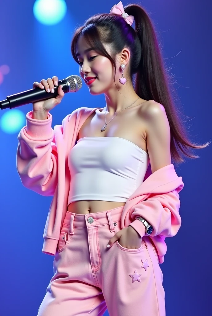 top-quality, 超A high resolution, (Photorealsitic:1.4), (1 persons), ((Pink short jacket)), ((whiteshirt)), ((Super Low Rise Blue Denim Slim Pants)), (Lustrous black hair), ((Medium straight hair)), (Ideal female body type), (A slender), model shot, Live Stage,