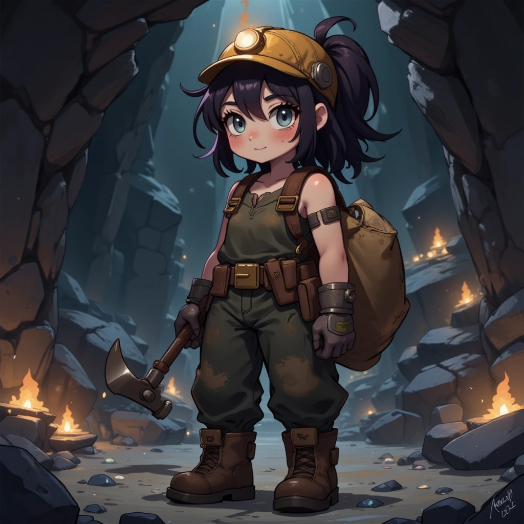 A character design of a young girl who works in the mines, appearing rugged yet resilient. She is small and wiry, with dirt-smudged skin and scars on her face, telling the story of her harsh life. Her eyes, filled with determination and wisdom beyond her years, contrast with her youthful features. Her hair is unkempt, tied back messily, with stray strands falling over her forehead. She wears patched-up, oversized work clothes, heavy boots, and a miner’s cap with a dimly flickering headlamp. Her hands are rough and calloused, gripping a small pickaxe or a sack of minerals. The background hints at a dark, cavernous mining environment, illuminated by scattered lanterns and glowing minerals, emphasizing the contrast between her fragile frame and the massive, unforgiving world she works in.