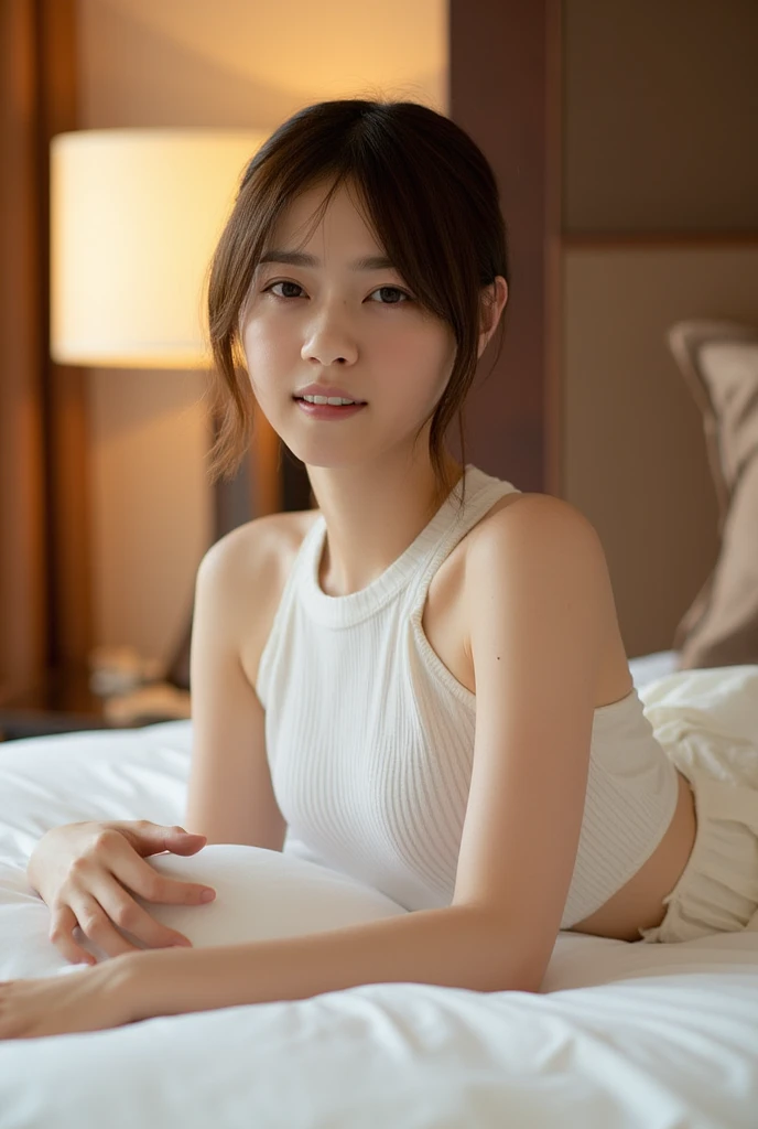 ((Best of the highest quality, 8k, Masterpiece: 1.3, raw photo)), Sharp focus: 1.2, (1 AESPA girl: 1.1), (Solo: 1.18), (realistic, photo-realistic:1.37), face focus, cute face, finely eyes, (Small breasts, flat chest, Thigh: 1.3), (full nude, neat silk camisole: 1.4), short messy hair, updo, (sitting on bed, spread legs, pussy: 1.2), garden, flower