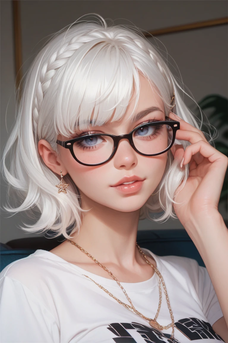 ((best quality)), ((masterpiece)), (detailed), perfect seductive face a beautiful white-toned girl with black and silver hair wearing glasses and silky clothes, blue eyes, glossy skin. detailed skin, pink lips with a tiara on her head, laying back on her royal bed 