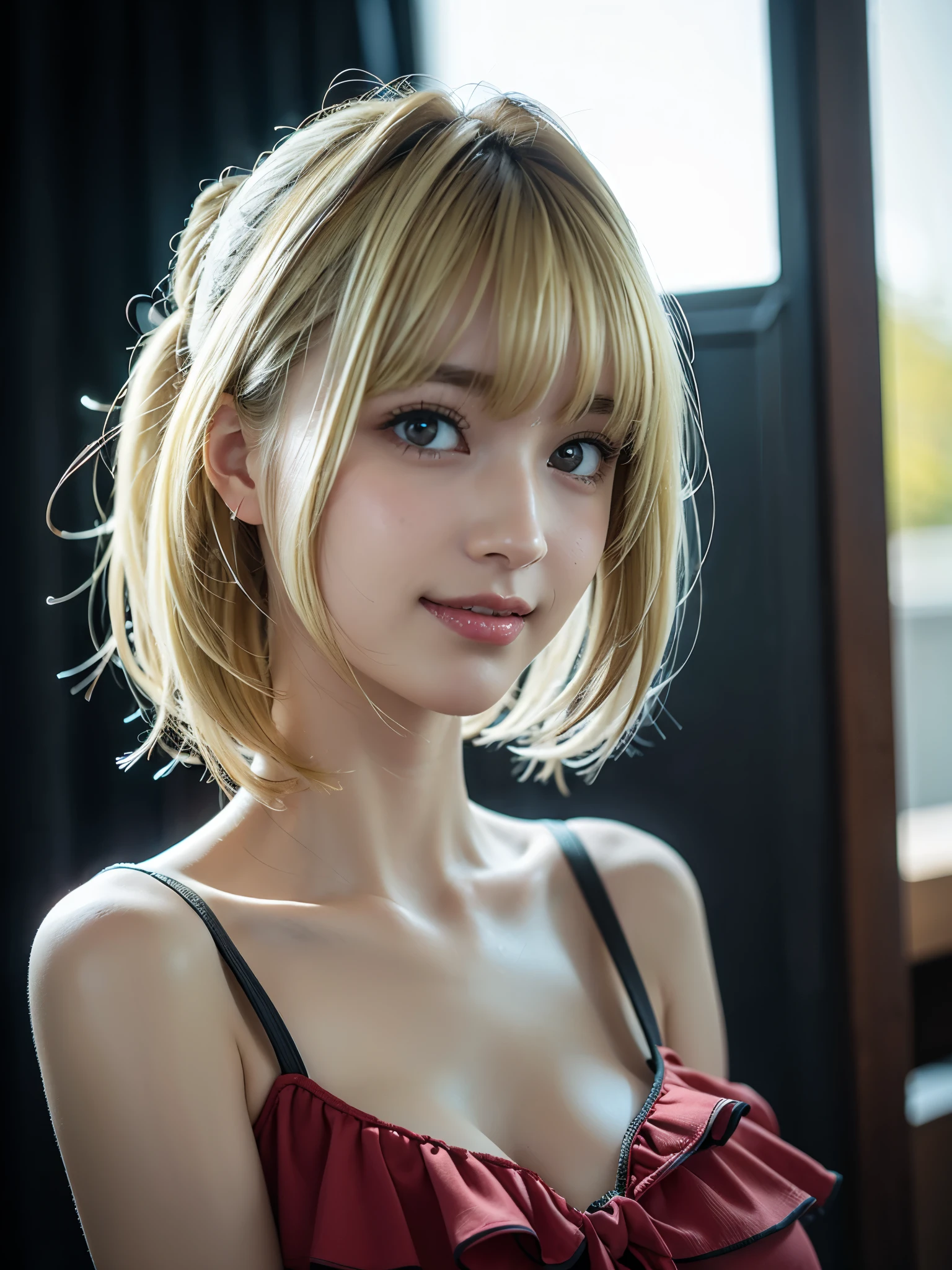 1girl, Alone, (cute Japanese girl), yo, Young female, Low Height, (smile:1.2), Looking at camera,
break
(close up:1.2), (portrait:1.2), (look at camera :1.3), (dynamic pose:1.3), break,
break
Professional photo-realistic images, (16k, RAW photo, best quality, masterpiece:1.2), (realistic, photo-realistic:1.4), (extremely detailed 8k wallpaper), sharp focus, depth of field, blur background, bokeh, cinematic lighting, soft light, High resolution 16k close-up of human skin,
break
perfectly round breasts, (huge breasts:1.5),
break
on beach,
break
aanero, ahoge, (blond hair:1.75), half updo,
break
collarbone, bare shoulders, dress swimsuit, sleeveless dress, short dress, layered dress, frilled dress, black bow