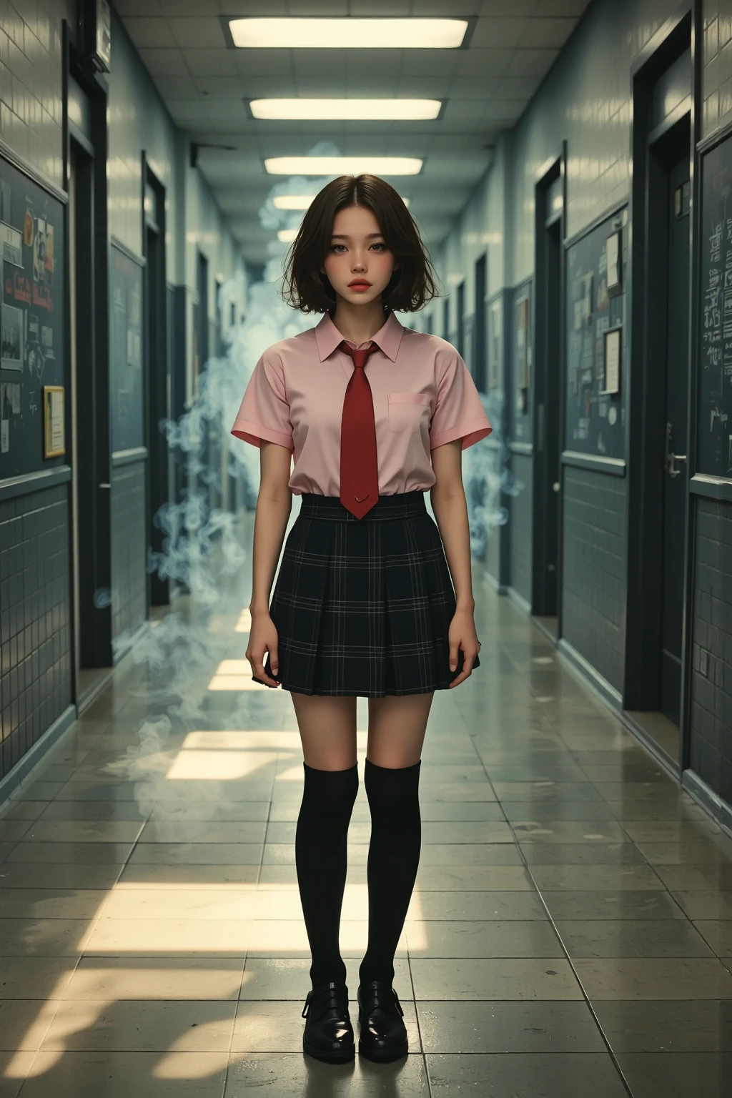 (( portraits)), (Warm colored pictures :1.21), (masterpiece), (sharp concentration), (best quality:1.4), 32K resolution, (realistic:1.5), (superrealistic:1.5), High resolution UHD, (masterpiece:1.2)), ( quality improvements:1.4), ( 1 girl,:1.37), 1 supermodel, adult high school girl , Spartan female soldier, ((Girls' School Long Hallway , :1.1)), (  the light of the sunset shines through the window  ), fine dust, steam, (( Please stand in front of the blackboard :1.37)),  full body shot , ((( school uniform,  RED TIE , Short sleeve pink collar blouse))), ( red plaid pleated skirt, :1.37),  Sniper rifle, ( aim for a sniper rifle on the ceiling:1.37), ((black survival kneepads, Black survival elbow pads:1.1)), ((Wear a black armband:1.2)), Black Military Waist Pouch,  Black Knee High Socks, Black trekking shoes, ( very beautiful facial details ), (best quality, realistic skin texture:1.21), ( perfect :1.21),  exact finger, symmetrical eyes,  browse viewers ,  Natural Cosmetics,    pink lipstick :0.95, (beautiful lips:1.33), (Great nose:1.2), (slim body:1.21,  flat :1.37), ( Slender Lower Body ), brown hair, ( bob cut hair:1.37),  uneasy expression ,  professional spectacular and inspiring movie lighting,