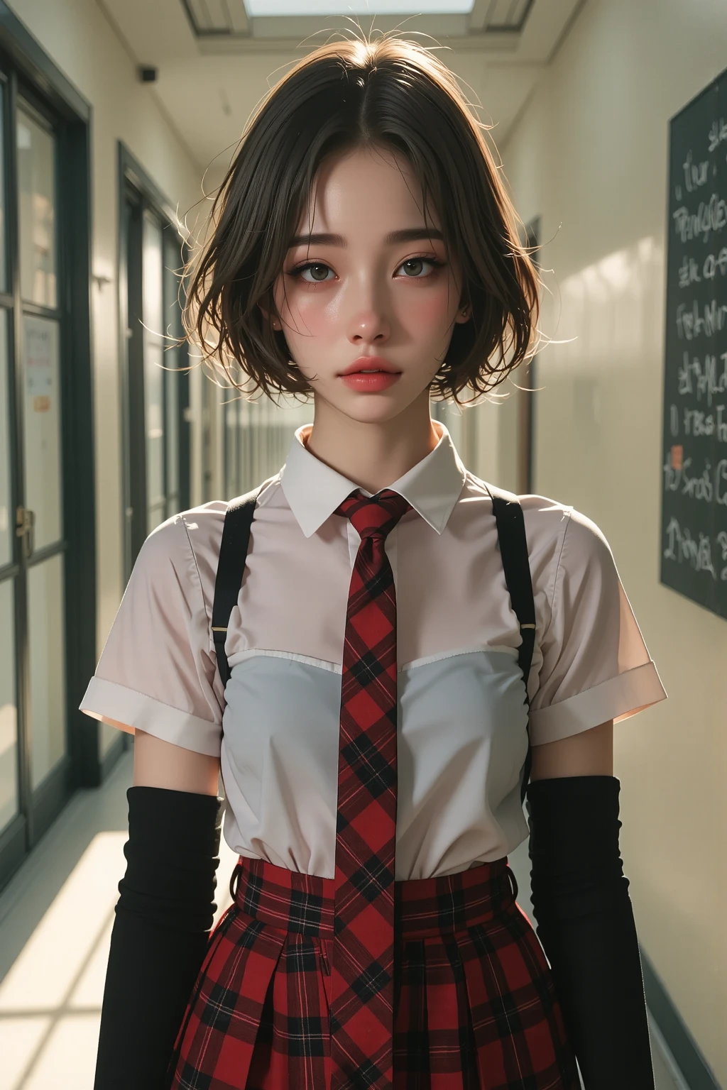 (( portraits)), (Warm colored pictures :1.21), (masterpiece), (sharp concentration), (best quality:1.4), 32K resolution, (realistic:1.5), (superrealistic:1.5), High resolution UHD, (masterpiece:1.2)), ( quality improvements:1.4), ( 1 girl,:1.37), 1 supermodel, adult high school girl , Spartan female soldier, ((Girls' School Long Hallway , :1.1)), (  the light of the sunset shines through the window  ), fine dust, steam, (( Please stand in front of the blackboard :1.37)),  full body shot , ((( school uniform,  RED TIE , Short sleeve pink collar blouse))), ( red plaid pleated skirt, :1.37),  Sniper rifle, ( aim for a sniper rifle on the ceiling:1.37), ((black survival kneepads, Black survival elbow pads:1.1)), ((Wear a black armband:1.2)), Black Military Waist Pouch,  Black Knee High Socks, Black trekking shoes, ( very beautiful facial details ), (best quality, realistic skin texture:1.21), ( perfect :1.21),  exact finger, symmetrical eyes,  browse viewers ,  Natural Cosmetics,    pink lipstick :0.95, (beautiful lips:1.33), (Great nose:1.2), (slim body:1.21,  flat :1.37), ( Slender Lower Body ), brown hair, ( bob cut hair:1.37),  uneasy expression ,  professional spectacular and inspiring movie lighting,