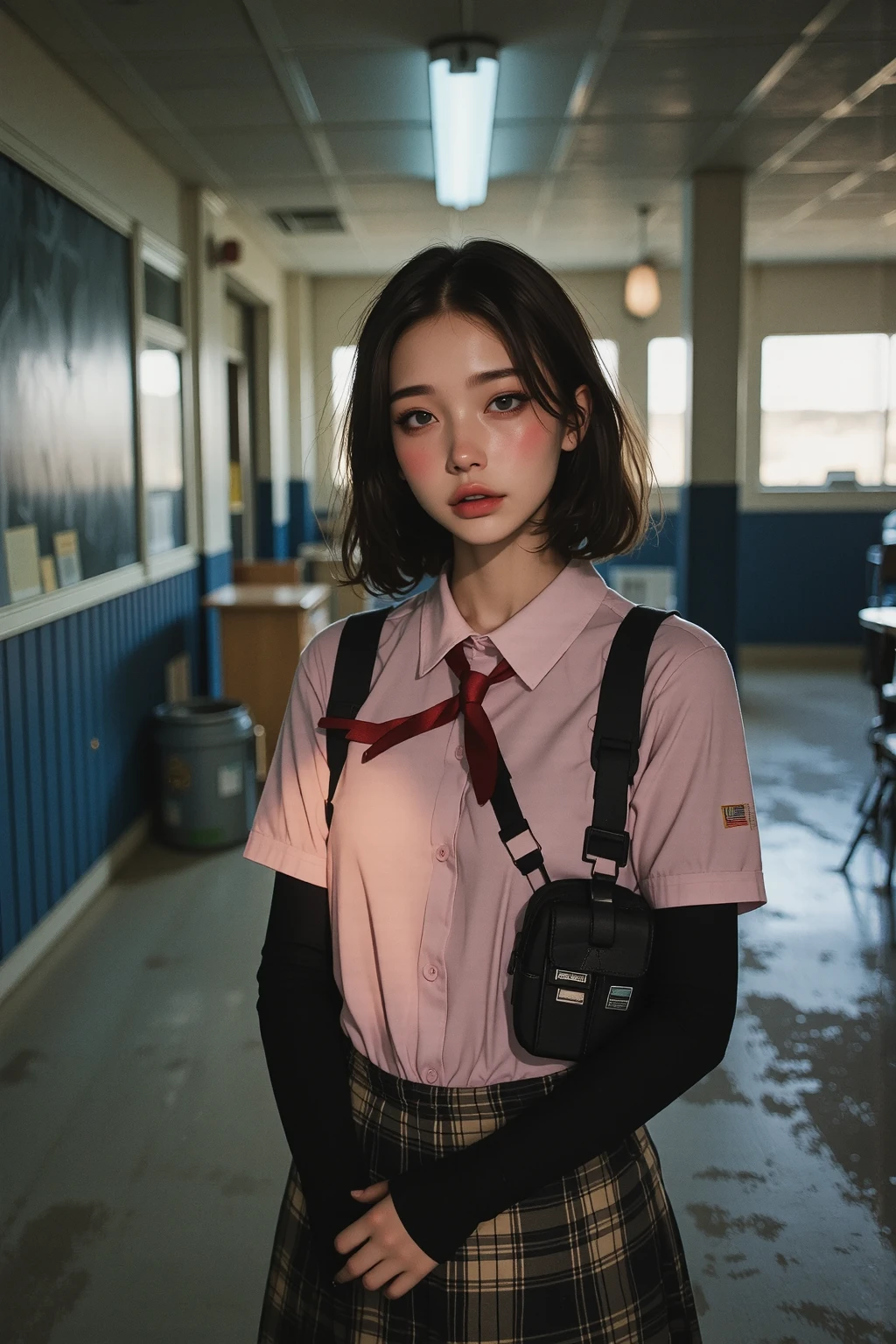 (( portraits)), (Warm colored pictures :1.21), (masterpiece), (sharp concentration), (best quality:1.4), 32K resolution, (realistic:1.5), (superrealistic:1.5), High resolution UHD, (masterpiece:1.2)), ( quality improvements:1.4), ( 1 girl,:1.37), 1 supermodel, adult high school girl , Spartan female soldier, ((Girls' School Long Hallway , :1.1)), (  the light of the sunset shines through the window  ), fine dust, steam, (( Please stand in front of the blackboard :1.37)),  full body shot , ((( school uniform,  RED TIE , Short sleeve pink collar blouse))), ( red plaid pleated skirt, :1.37),  Sniper rifle, ( aim for a sniper rifle on the ceiling:1.37), ((black survival kneepads, Black survival elbow pads:1.1)), ((Wear a black armband:1.2)), Black Military Waist Pouch,  Black Knee High Socks, Black trekking shoes, ( very beautiful facial details ), (best quality, realistic skin texture:1.21), ( perfect :1.21),  exact finger, symmetrical eyes,  browse viewers ,  Natural Cosmetics,    pink lipstick :0.95, (beautiful lips:1.33), (Great nose:1.2), (slim body:1.21,  flat :1.37), ( Slender Lower Body ), brown hair, ( bob cut hair:1.37),  uneasy expression ,  professional spectacular and inspiring movie lighting,