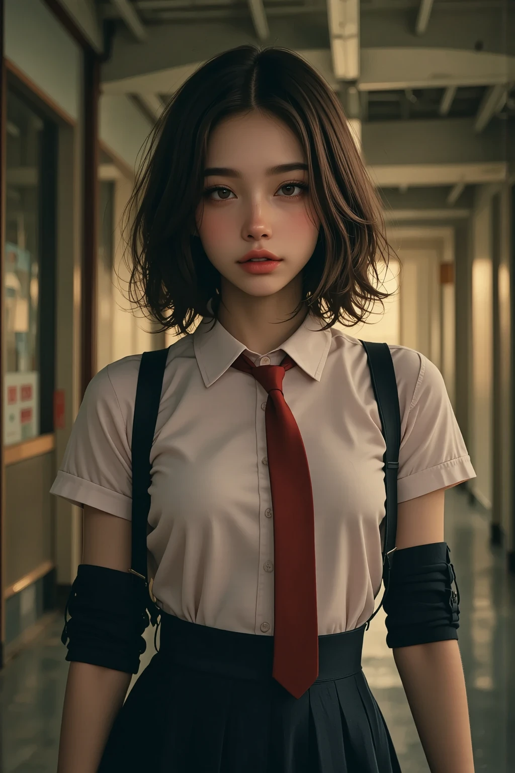 (( portraits)), (Warm colored pictures :1.21), (masterpiece), (sharp concentration), (best quality:1.4), 32K resolution, (realistic:1.5), (superrealistic:1.5), High resolution UHD, (masterpiece:1.2)), ( quality improvements:1.4), ( 1 girl,:1.37), 1 supermodel, adult high school girl , Spartan female soldier, ((Girls' School Long Hallway , :1.1)), (  the light of the sunset shines through the window  ), fine dust, steam, (( Please stand in front of the blackboard :1.37)),  full body shot , ((( school uniform,  RED TIE , Short sleeve pink collar blouse))), ( red plaid pleated skirt, :1.37),  Sniper rifle, ( aim for a sniper rifle on the ceiling:1.37), ((black survival kneepads, Black survival elbow pads:1.1)), ((Wear a black armband:1.2)), Black Military Waist Pouch,  Black Knee High Socks, Black trekking shoes, ( very beautiful facial details ), (best quality, realistic skin texture:1.21), ( perfect :1.21),  exact finger, symmetrical eyes,  browse viewers ,  Natural Cosmetics,    pink lipstick :0.95, (beautiful lips:1.33), (Great nose:1.2), (slim body:1.21,  flat :1.37), ( Slender Lower Body ), brown hair, ( bob cut hair:1.37),  uneasy expression ,  professional spectacular and inspiring movie lighting,