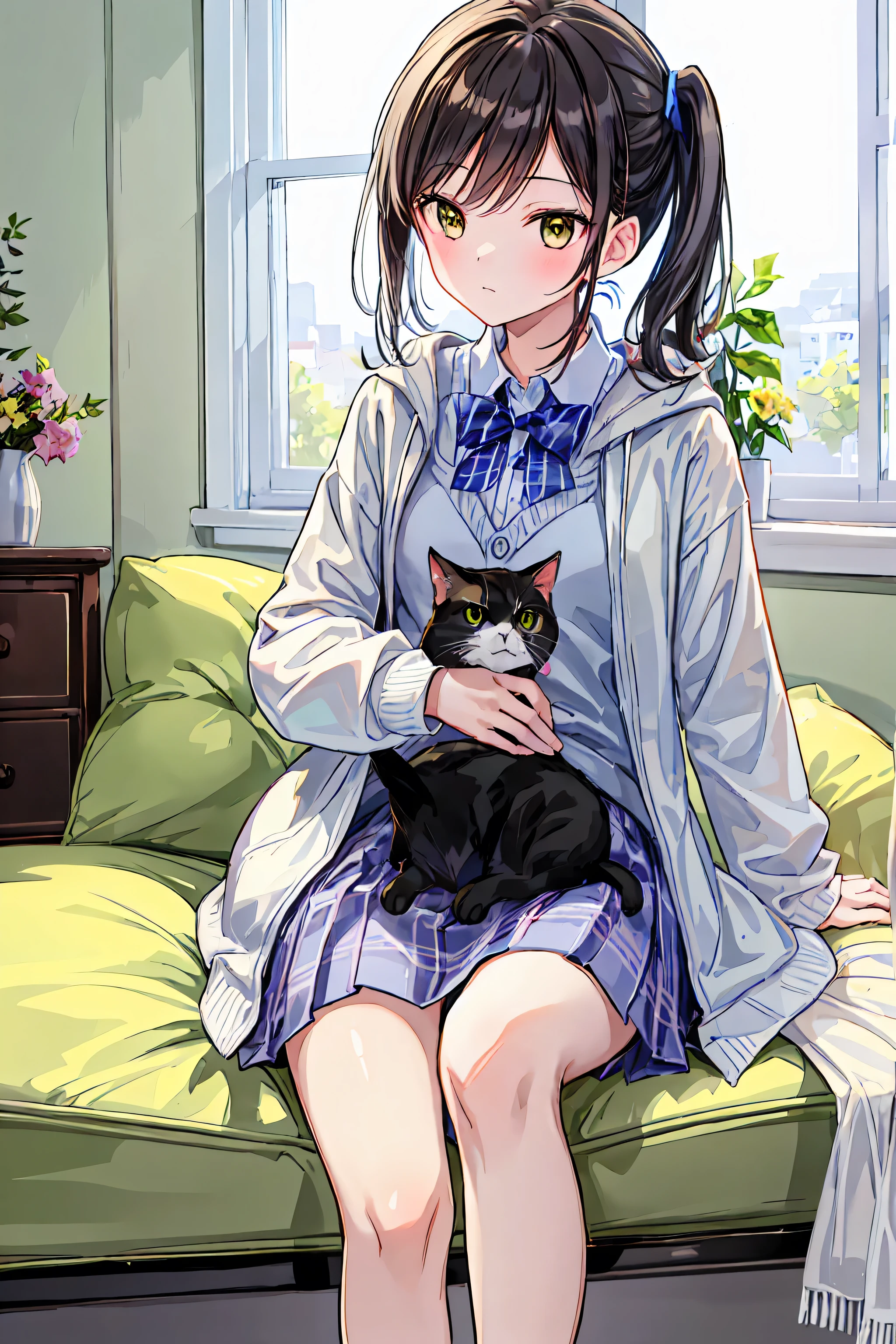 Girl and black cat、black cats staring at each other with yellow eyes、cute、coat stands up brilliantly、female high school student、 Brown Hair Girl、House sofa background、best quality,4K,High Resolution,masterpiece, super detailed description ,realistic,High Resolution,超High Resolution,studio lighting,Super Fine Art ,vivid colors,Bokeh