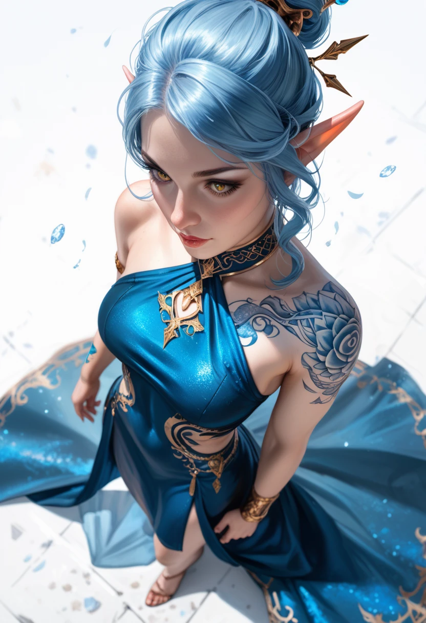 tatuagens, piercing, gotic, perverso, corpo escultural, vestido de noite de seda, fenda alta, (corte curto: 1,4) Mohawk-estilo ((vermelho | azul | branco: 0,6) cabelo), sidelocks, detalhado corpo inteiro, sexy, erotic, nsfw, 32K, foco em formas, alto detalhado, realista, melhor qualidade, Boa anatomia, ,  eager_pet_pose, (tatuagem facial:1.1), (retrato de corpo inteiro:1.5)