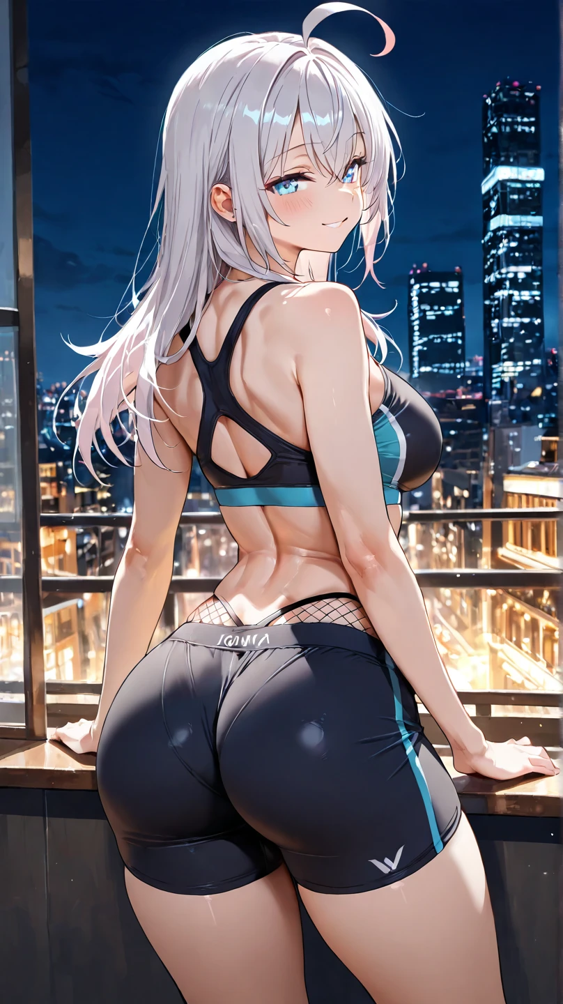 Very detailed、highest quality、Best image quality、masterpiece、8k、Sparkling Blue Eyes、Anime Face、A kind smile、Blonde curly hair、(SFW Giant)、(((Rear View)))、Cowboy Shot、Wearing a white T-back、Muscles of the whole body、Horn
