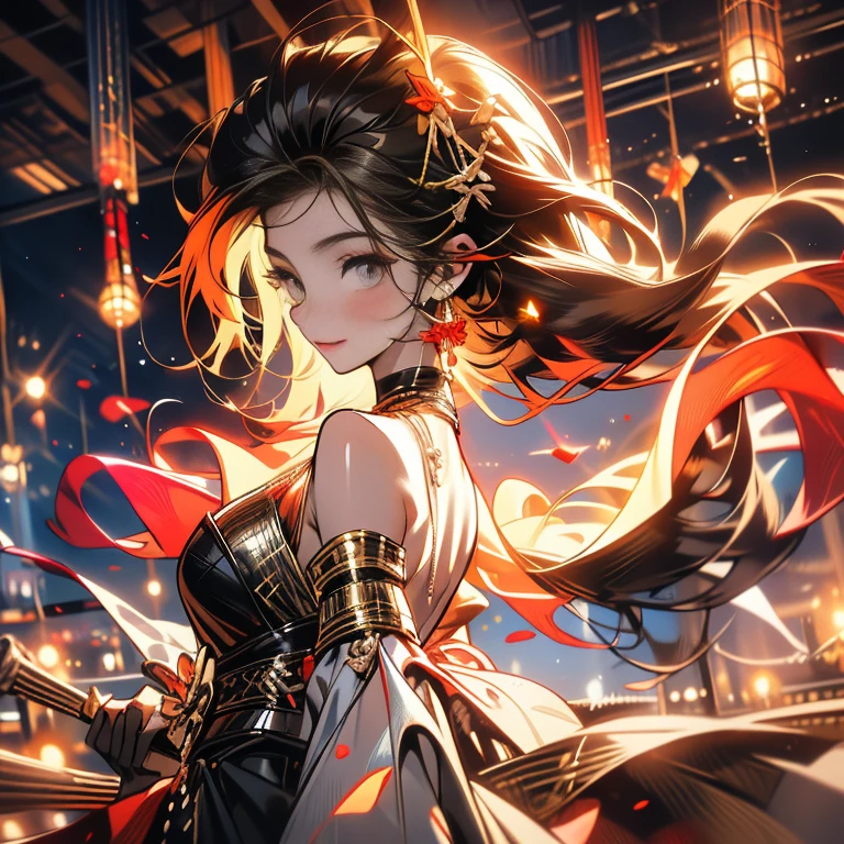 (open arms, hand hold purple flame), (close-up face) (solo straight black hair long hair cute femdom girl, 17 yo, cute red eyes, rouge lips, lovely smile, bigboobs), in a no-exposure cherry dress, break, perfect anatomy, masterpiece:1.4, best quality, 8k, beautiful detailed grow, daydreaming expression, background is castle entrance.