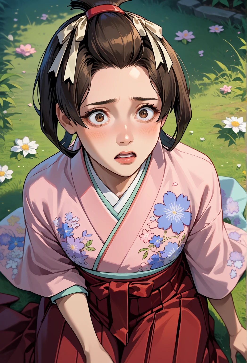 score_9, score_8_up, score_7_up, source_anime, solo, 1girl, mikotoba susato, brown hair, hair rings, bangs pinned back, hair ribbon, pink kimono, floral print, red hakama, hakama, she is crawling on the ground, crawling on the ground humiliated, I look at her from above, she looks up at me, her face shocked and scared