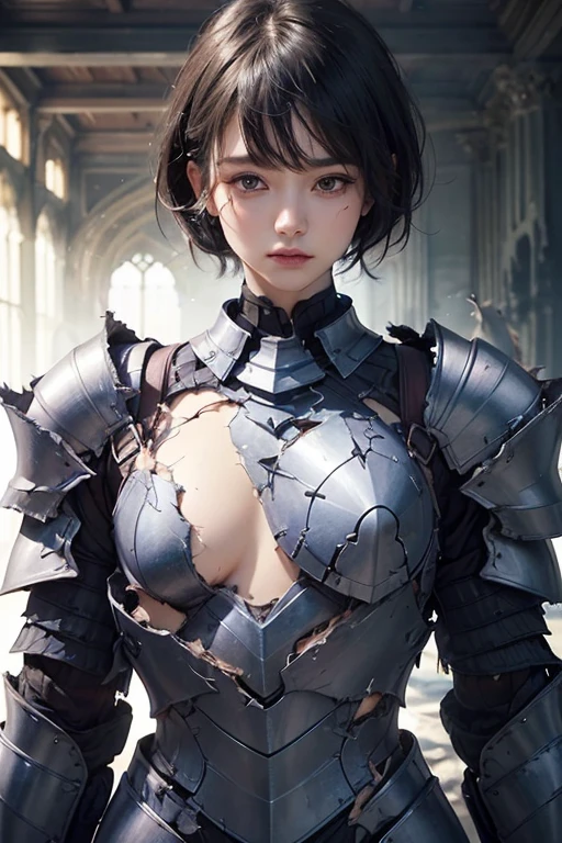 (masterpiece, best quality:1.4), (close up:1.4), (dinamic pose:1), 1girl, casca_berserk, short hair, dark skin, dark-skinned female, brown hair, brown eyes, nature, cinematic light, silver armor, (full armor, knight outfit:1.4), large breasts, cleavage, mini skirt, green field with mountains after rain, beautifull smile, beautiful face, highly detailed face, highly detailed eyes, highly detailed skin, skin pores, subsurface scattering, realistic pupils, full face blush, full lips, detailed background, depth of field, volumetric lighting, sharp focus, absurdres, realistic proportions, good anatomy, (realistic, hyperrealistic:1.4), 16k hdr,extreme hight detail,Rusty metal,