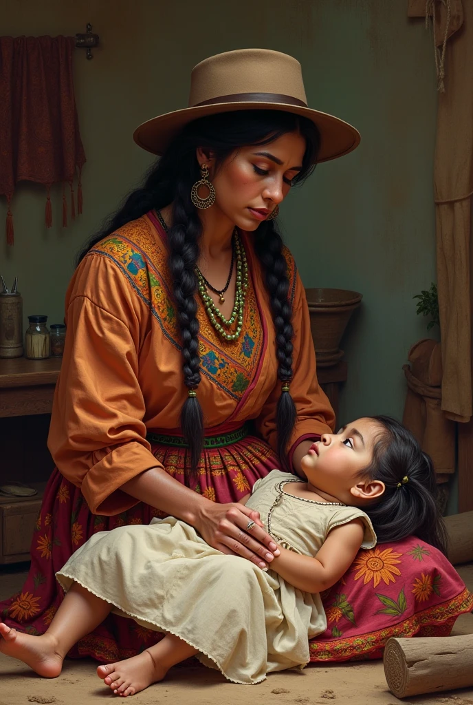 masterpiece, realist, high contrast, Caceres angel painting style, Mexican Rarámuri indigenous woman, with Mexican woven shawl, and held a corn cob,breastfeeding your baby, style work of angel of caceres, dark background, Abraham bloemaert, Rembrandt, Black background, shocking look,