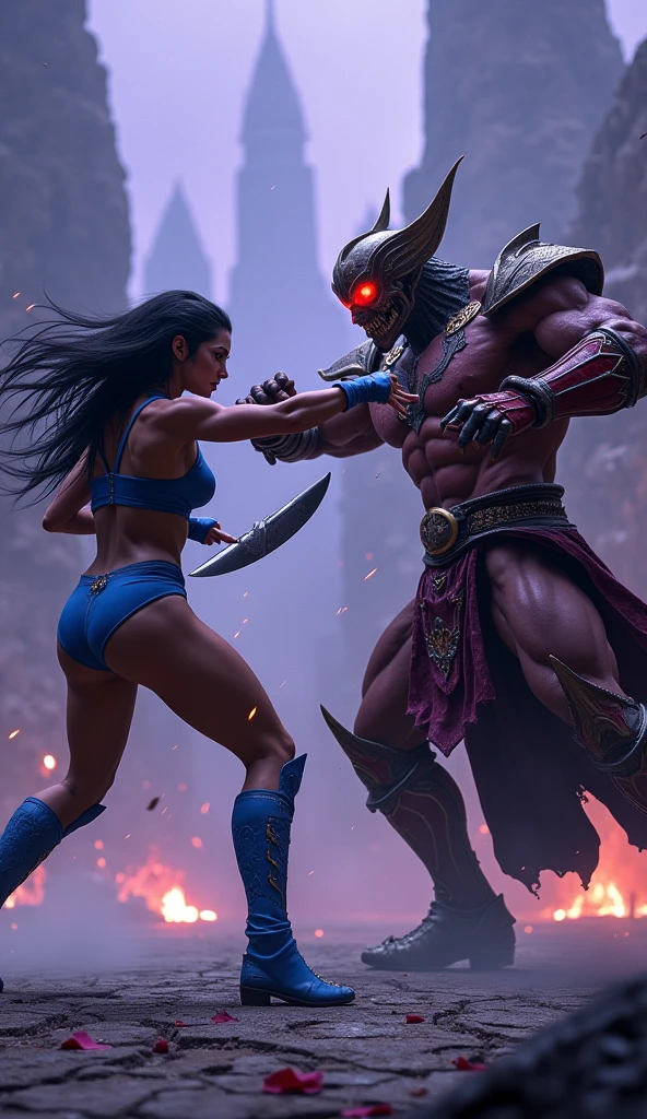 demon woman, chifres roxos, pele roxa, attacking a villager 