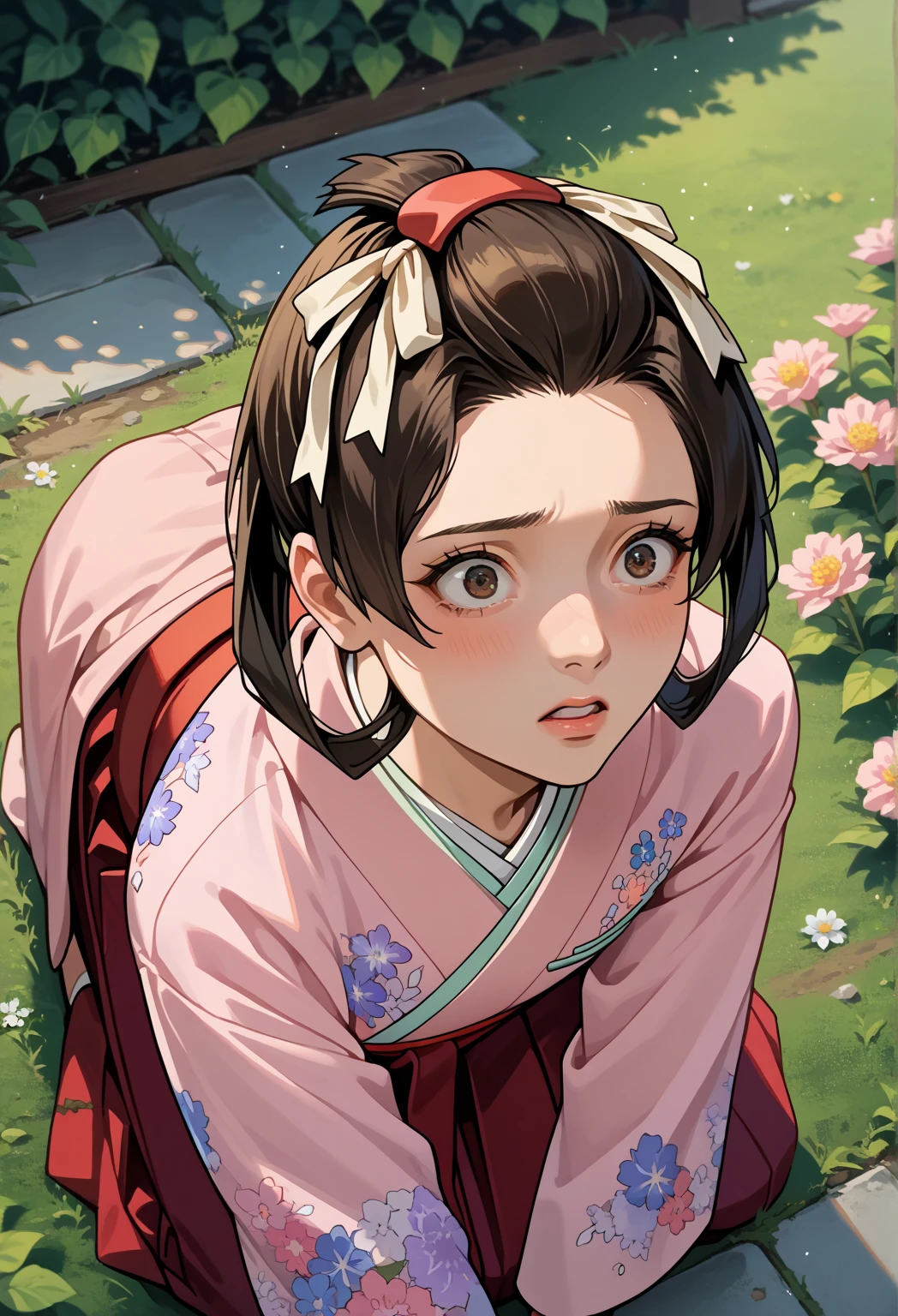 score_9, score_8_up, score_7_up, source_anime, solo, 1girl, mikotoba susato, brown hair, hair rings, bangs pinned back, hair ribbon, pink kimono, floral print, red hakama, hakama, she is crawling on the ground, crawling on the ground humiliated, I look at her from above, she looks up at me, her face shocked and scared, on all fours. Crawling on all fours