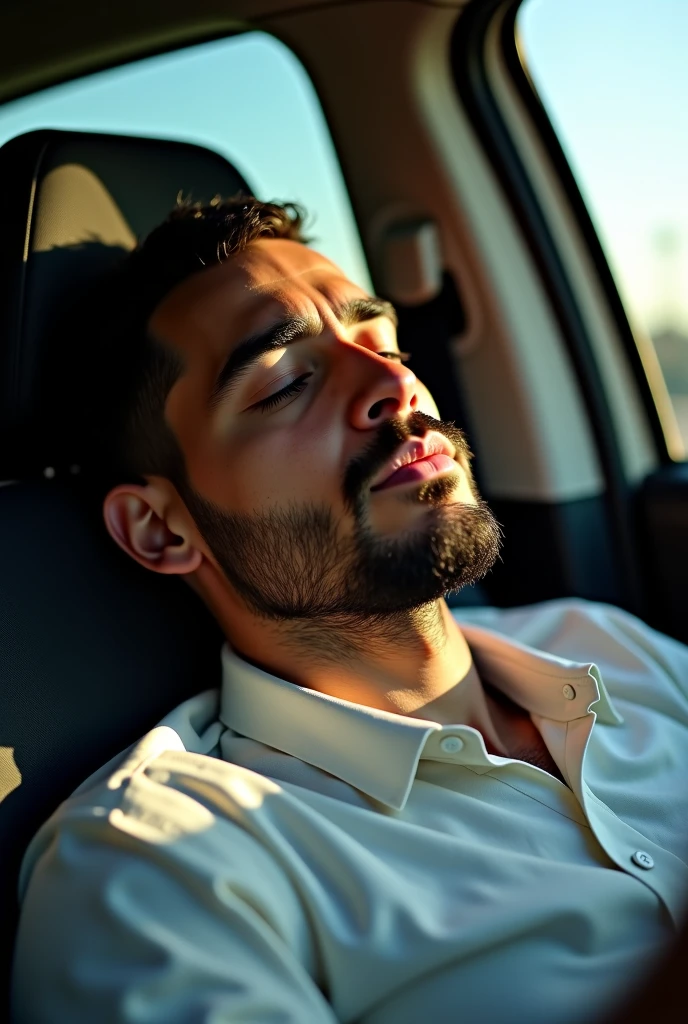 Un homme avec des cheveux tres court ,qui dort dans un vehicule blanc un dacia pick-up