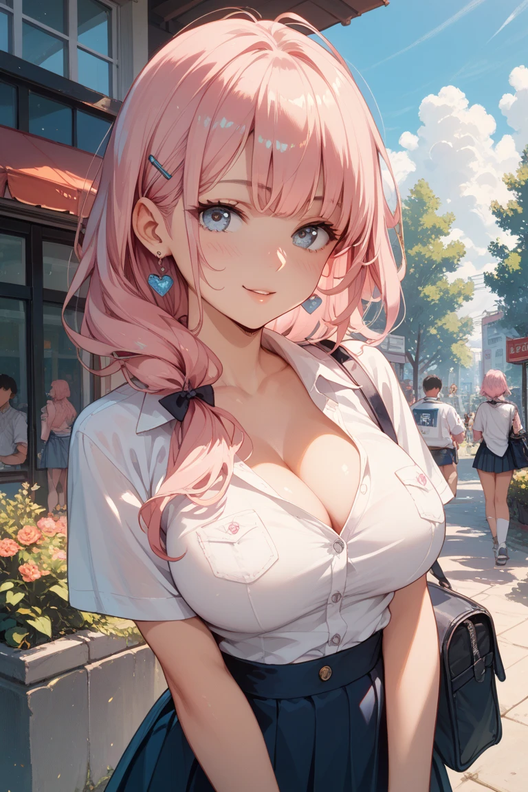 (masterpiece:1.3, top-quality, ultra high res, ultra detailed), (cleavage:1.4),(realistic, photorealistic:1.4), beautiful illustration, perfect lighting, natural lighting, colorful, depth of fields, surrealism, (embarrassed,blush:1.3),
beautiful detailed hair, beautiful detailed face, beautiful detailed eyes, beautiful clavicle, beautiful body, beautiful chest, beautiful thigh, beautiful legs, beautiful fingers, shiny skin,
looking at viewer, 1 girl, japanese, high school girl, (perfect anatomy, anatomically correct, super detailed skin), cute and symmetrical face, babyface, perfect face, perfect eyes,
(middle hair, two side up, pink hair), crossed bangs, purple eyes, drooping eyes, big eyes, long eyelashes, (large breasts, seductive thighs, skindentation), slender, outstanding style,
((detailed cloth texture, white collared shirt, blue pleated skirt, dark red neck ribbon), black thigh-highs, loafer),
(beautiful scenery), late afternoon,hands on chest, (lovely smile, upper eyes, open mouth small),