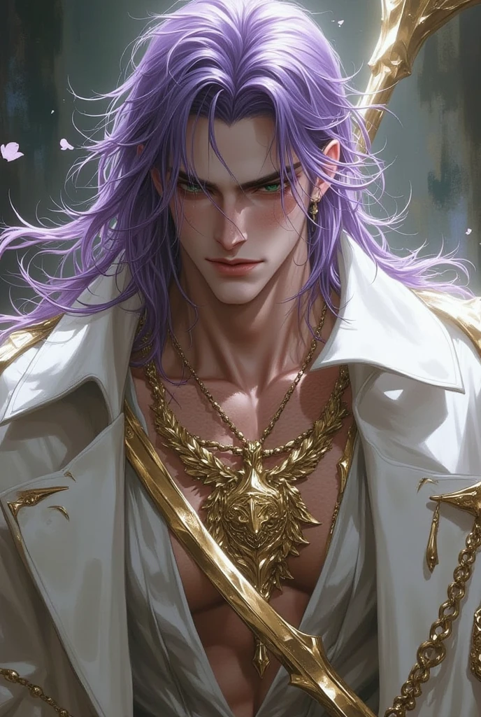 Make a half demon with light purple skin, he has to be a spearman and the spear must be black, his ethnicity is Asian