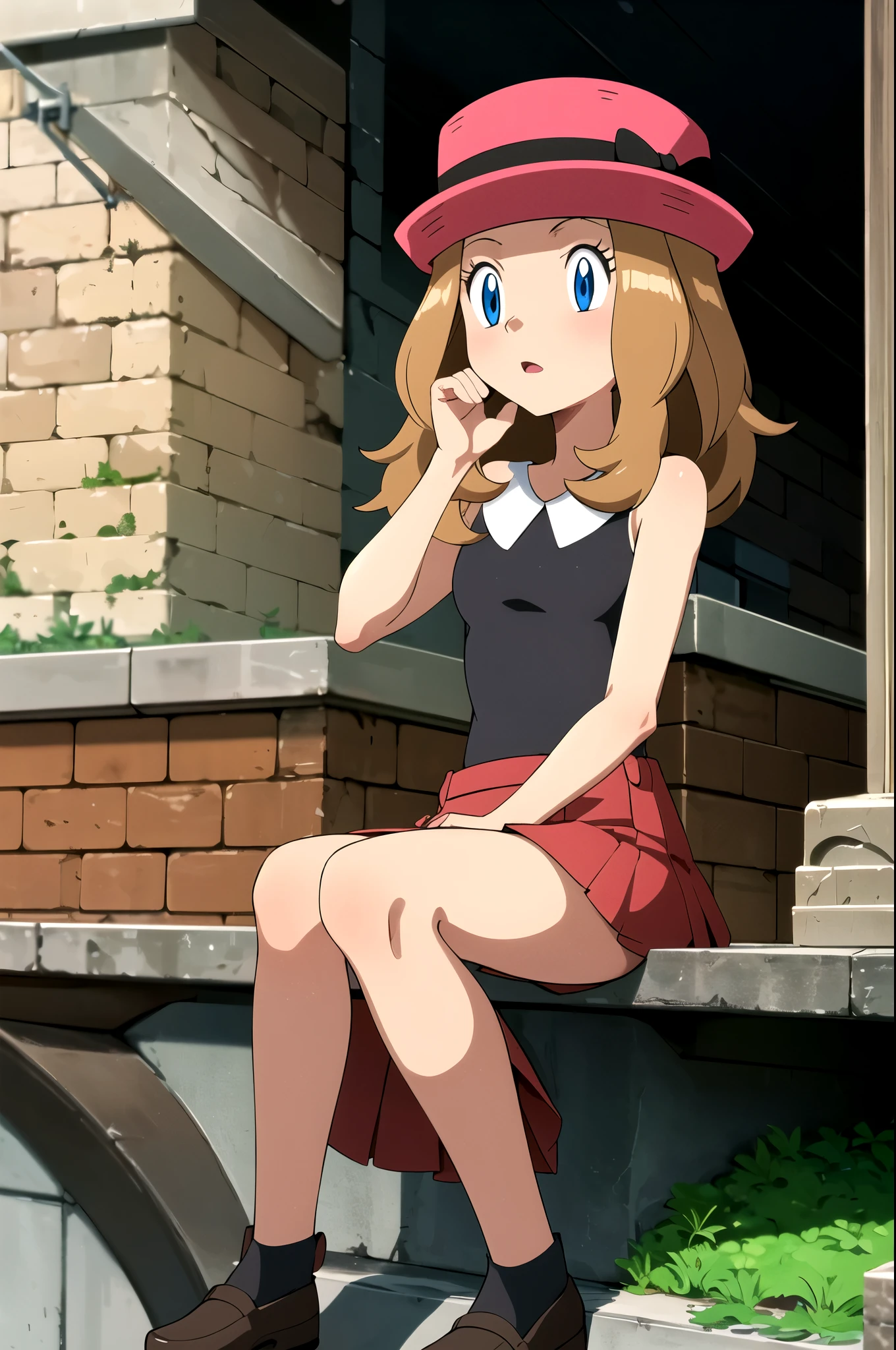 masterpiece, best quality, High Resolution, Outdoors, 1 girl who died, Alone, [Selina (Pokémon that give a sit), pink headwear, red skirt, black shirt, bare shoulders, viewers,