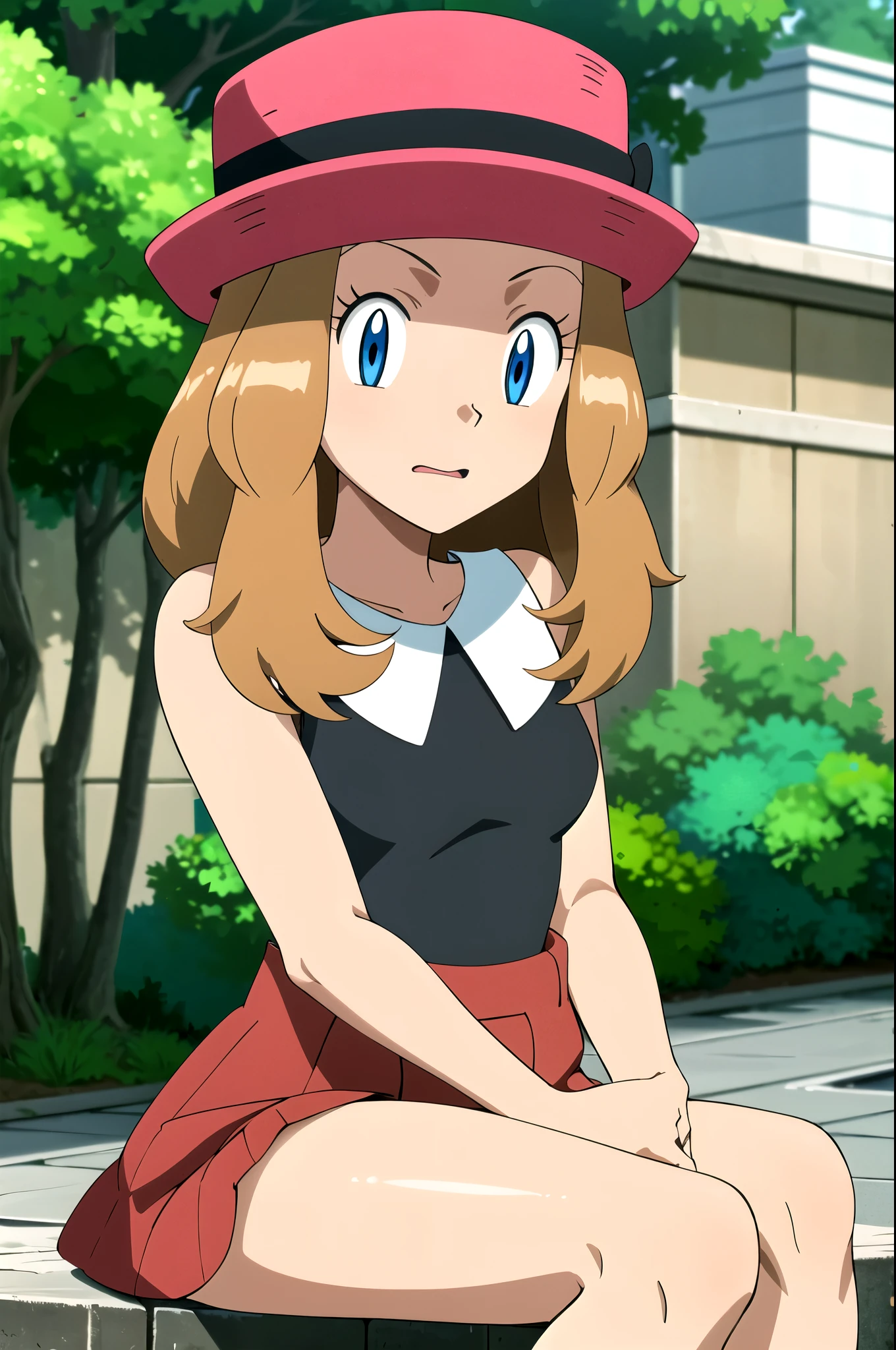 masterpiece, best quality, High Resolution, Outdoors, 1 girl who died, Alone, [Selina (Pokémon that give a sit), pink headwear, red skirt, black shirt, bare shoulders, viewers, 
