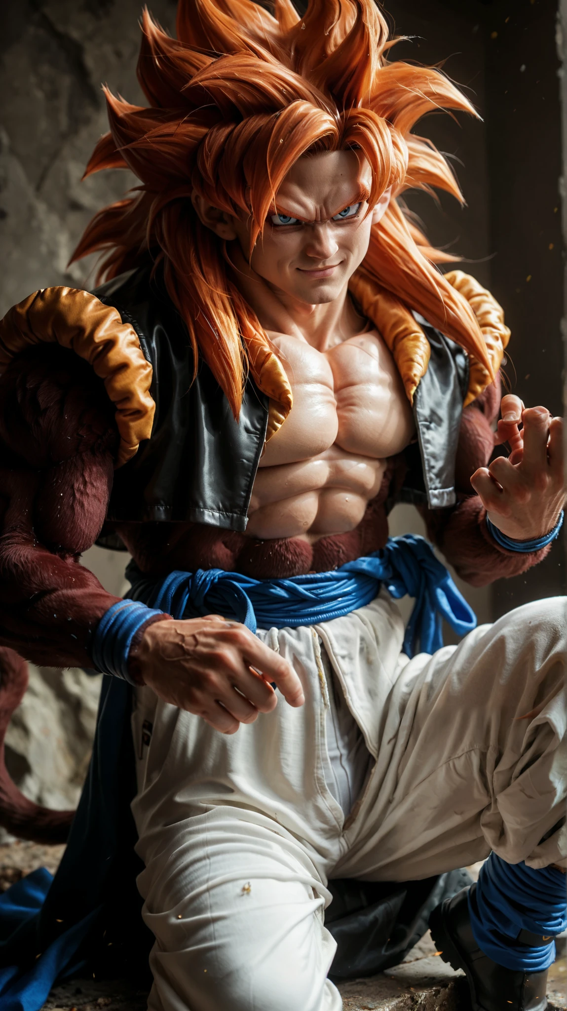 Ssj4 gojeta ,character with a muscular build, featuring spiky orange hair and a confident expression. The character has maroom fur skin and is wearing a black top with a yellow fur-like collar. The outfit includes white baggy pants tied with a blue sash, and blue boots. A prominent feature is the long, brown tail extending from the back.
