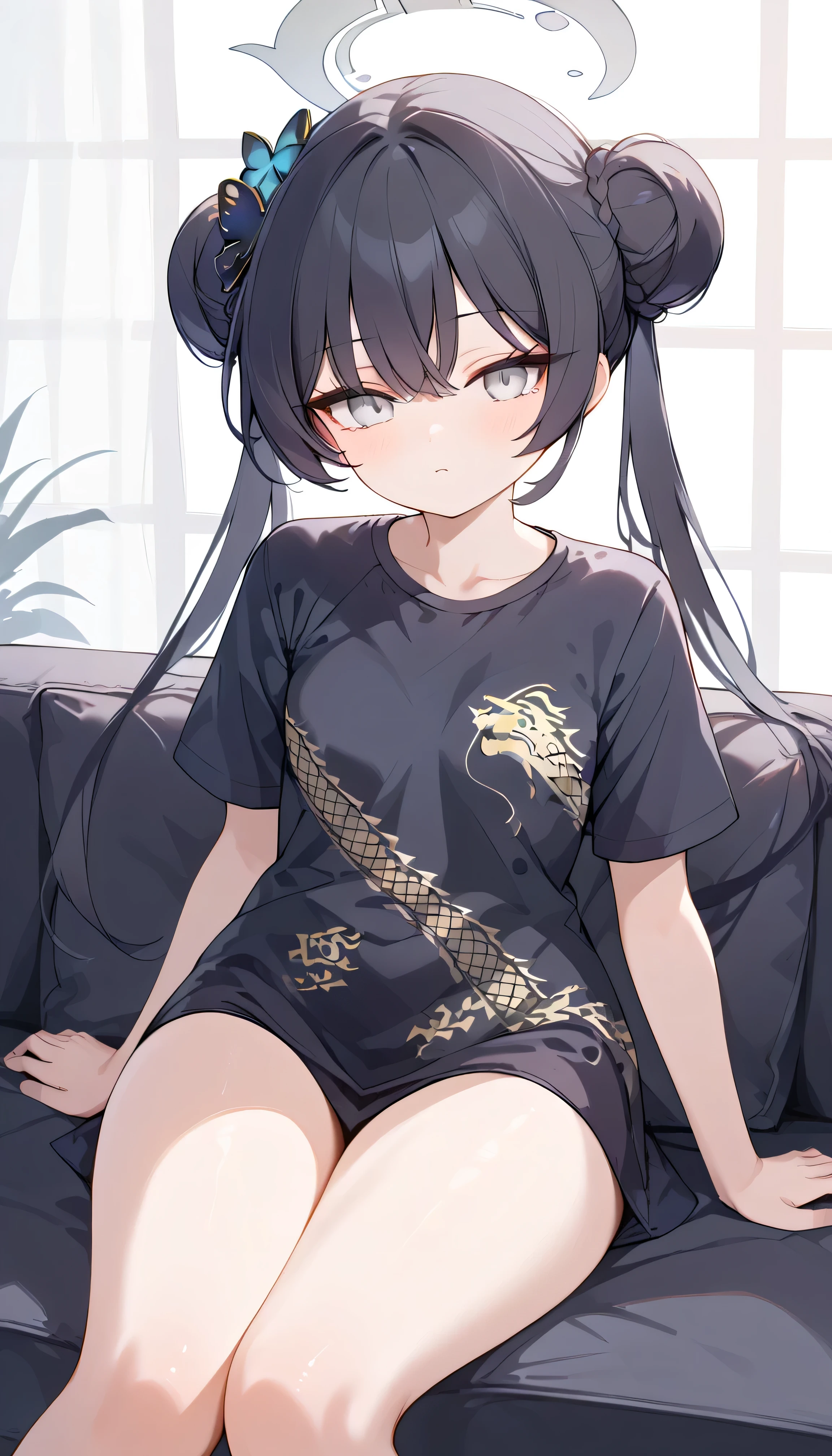 Kisaki (blue archive),grey eyes,black hair,double bun,twintails,halo,hair ornament, Alone, eyebrows visible from inside hair, hair between eyes, t-shirt you work you lose, clothes writing viewers, masterpiece, top quality, very aesthetic, thick thighs, Wide pelvis, sofa