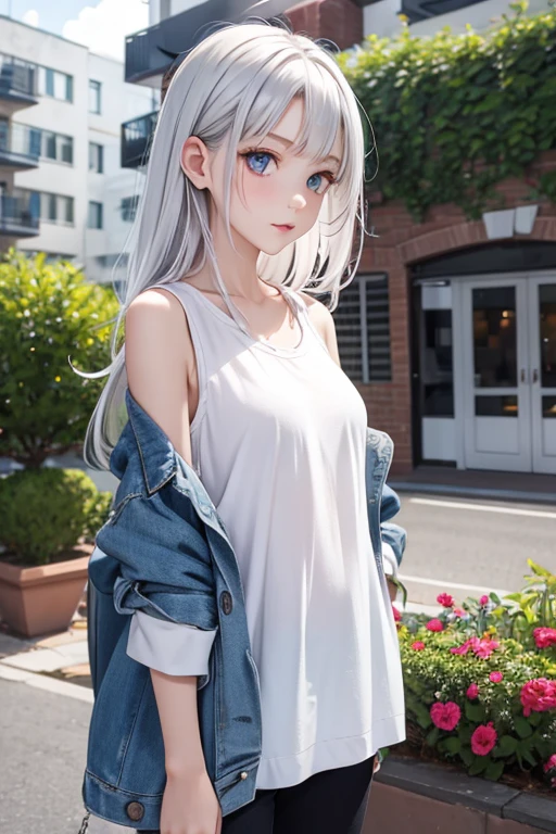 Girl, light blue and white hair, pale, lips, white soaked shirt, straight hair, bangs, light blue eyes, confident, sharp teeth, cleavage, feminine, shark accessories, overall