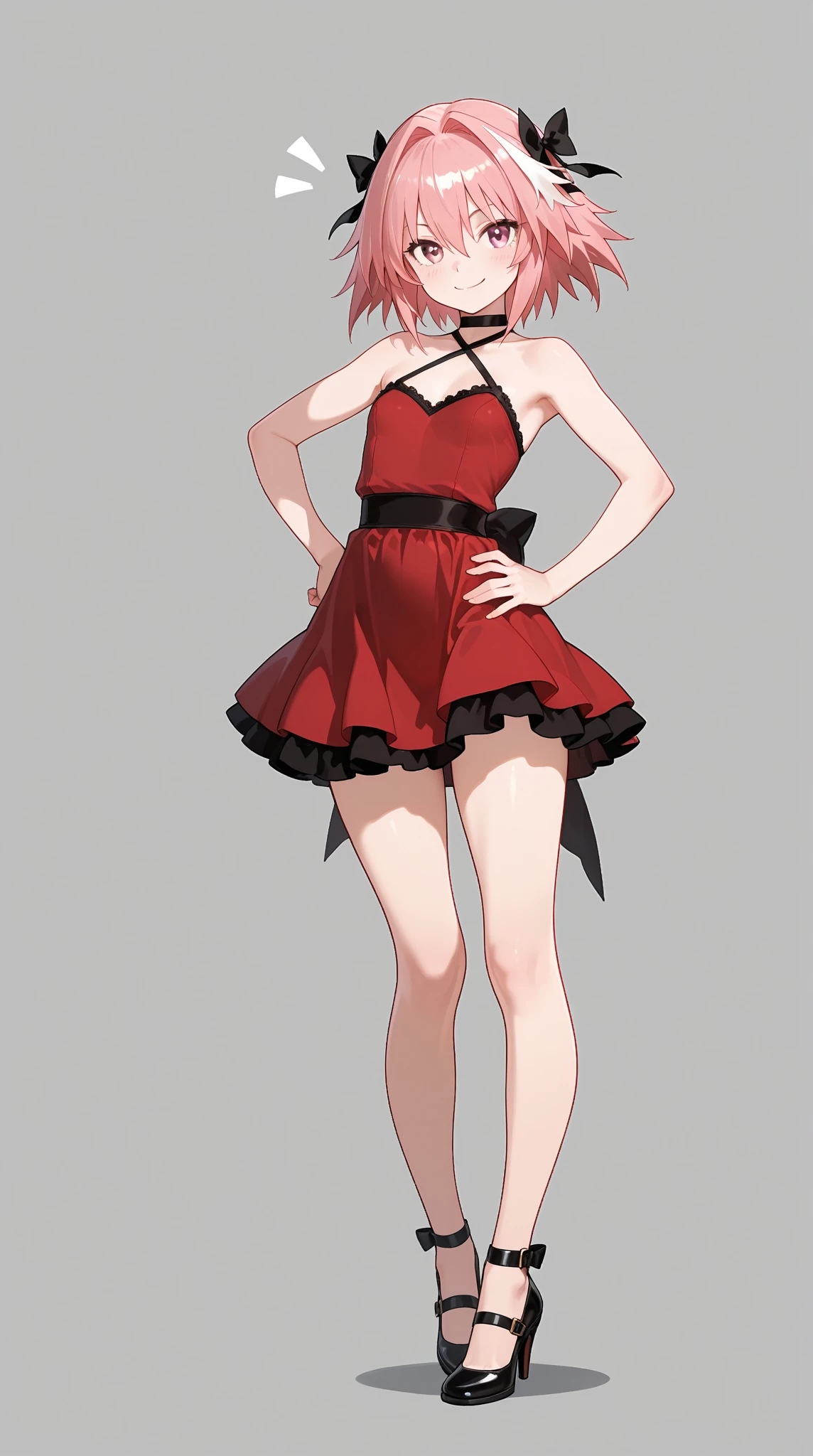 Beauty all over the body，Stand head-on，Red dress，tightly dress，high-heels，greybackground