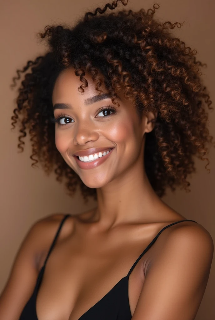Curly-haired woman being proposed to.