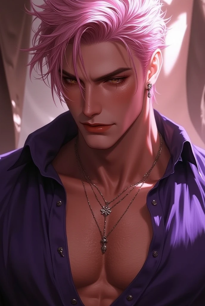 A man, short pink hair, short beard, has orange eyes, wears sunglasses, has tattoos on his neck, is in a library, has an angel halo, is in social clothing in earthy tones, realistic drawing style