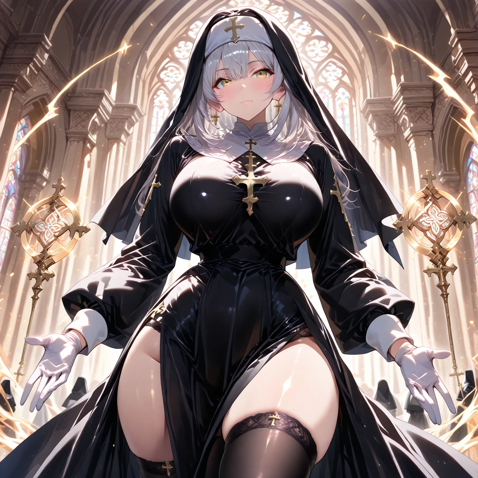 anime - style image of a nun in a church with a large window, guweiz on artstation pixiv, guweiz on pixiv artstation, nun outfit, trending on artstation pixiv, artwork in the style of guweiz, wlop art, cushart krenz key art feminine, wlop and sakimichan,lace-up corset, lace-up dress, lace-up blouse, see-through pantyhose, wet pussy