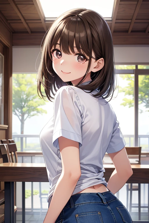 (8k、Best image quality、highest quality、masterpiece)、Detailed face、((Change the sand))、Black Hair、Short Twin Tails、Grey Eyes、Wicked Smile、((Open your mouth and extend your tongue))、Small breasts、((Brown cardigan))、((On the way to take off the skirt))、Cowboy Shot、((White panties))、Looking Back、Jim's warehouse
