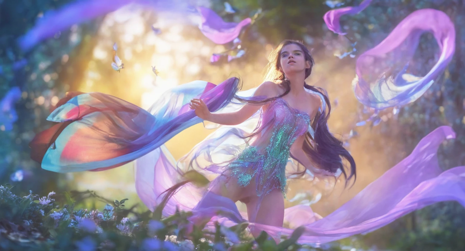 A beautiful girl is dancing , looking into the camera, photorealistic painting, sharp focus, 8k, perfect composition, trending on art station, award-winning photograph, unreal engine 5, cinematic smooth, intricate detail, highly detailed, from below, splash, fractal art, god ray, crystallineAI, rainbow,  in the park,naked